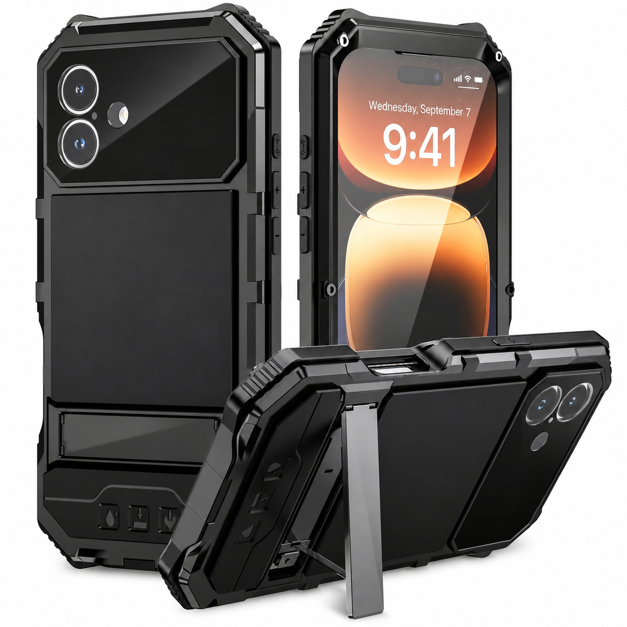 Premium iPhone Case Aluminum Armor Cover with Built In Glass Screen Protector, Camera Lens Protection, Shockproof Dual Layer Design and Kickstand