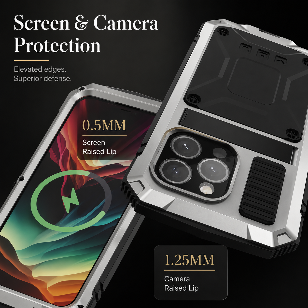 Premium iPhone Case Aluminum Armor Cover with Shockproof Bumper Design, Screen Guard Protection, Camera Lens Protection, Secure Grip and Durable Construction