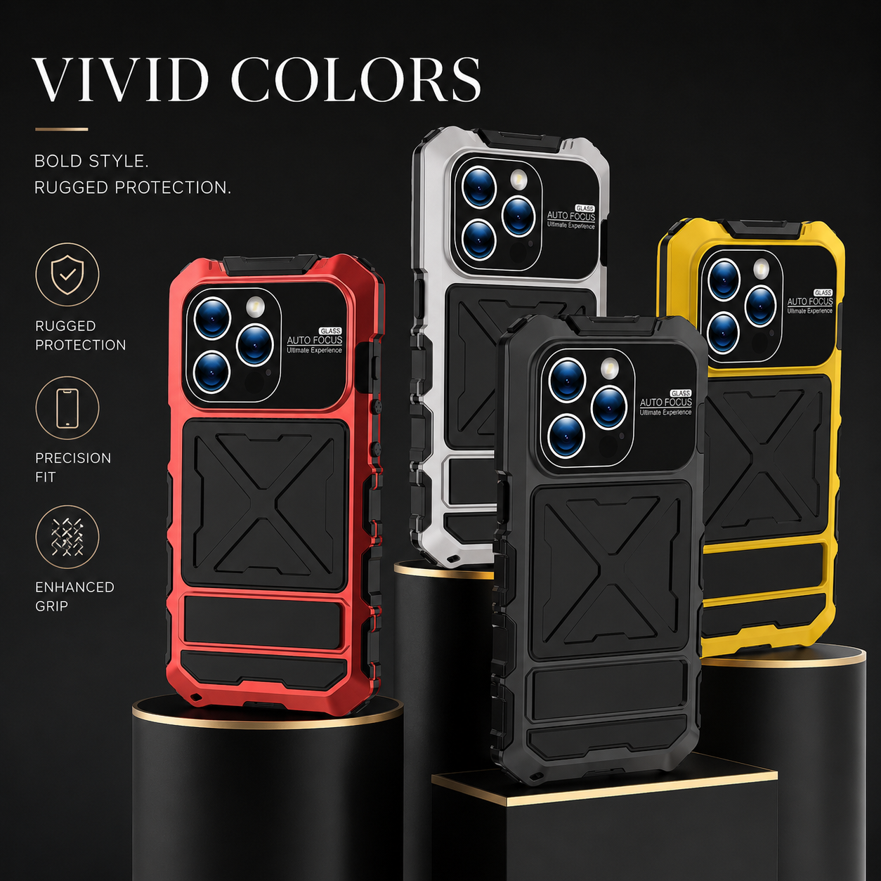 Premium iPhone Case Aluminum Armor Cover with Tempered Glass Screen Protection, Camera Lens Guard, Shockproof Design, Built In Kickstand and Secure Grip