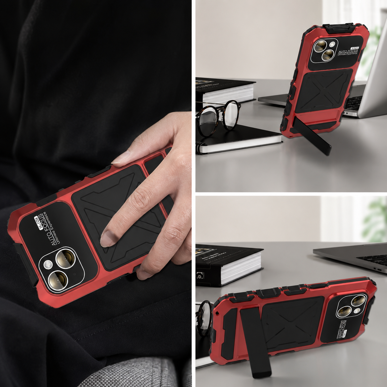 Premium iPhone Case Aluminum Armor Cover with Tempered Glass Screen Protection, Camera Lens Guard, Shockproof Design, Built In Kickstand and Secure Grip