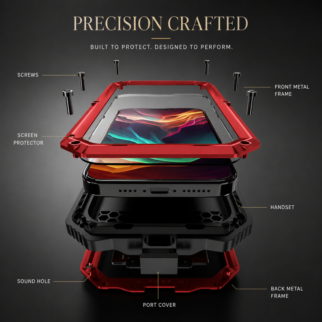 Premium iPhone Case Aluminum Armor Cover with Tempered Glass Screen Protection, Camera Lens Protection, Shockproof Dual Layer Design and Built In Kickstand