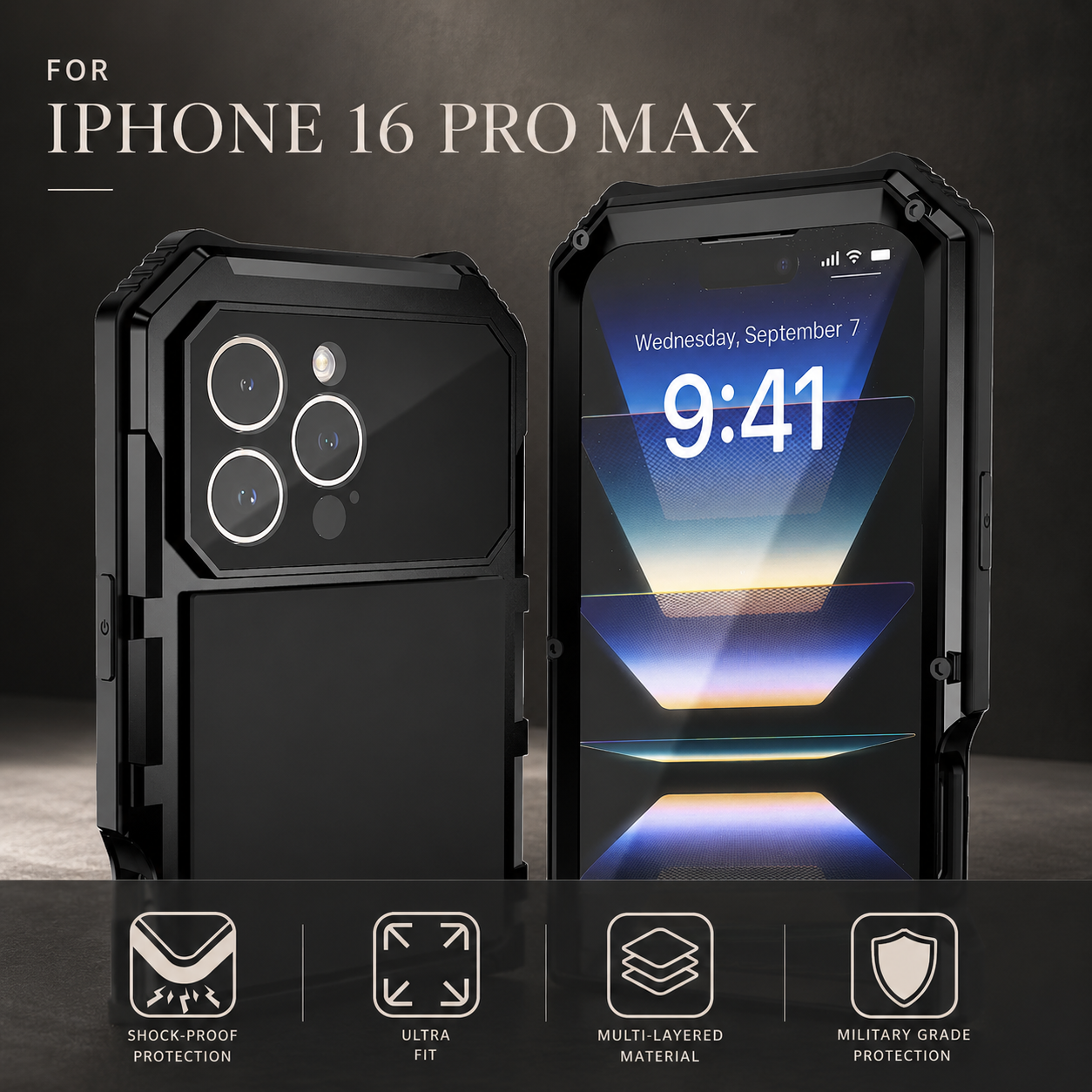 Premium iPhone Case Aluminum Armor Cover with Tempered Glass Screen Protection, Camera Lens Protection, Shockproof Dual Layer Design and Built In Kickstand