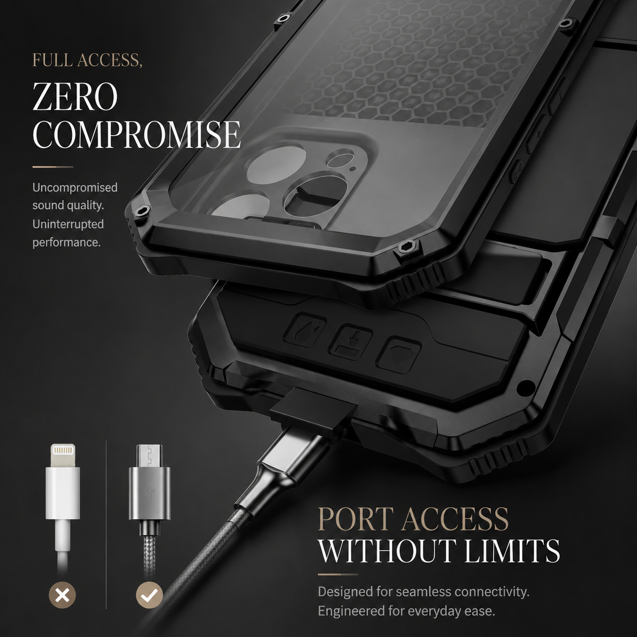 Premium iPhone Case Aluminum Armor Cover with Tempered Glass Screen Protection, Camera Lens Protection, Shockproof Dual Layer Design and Built In Kickstand