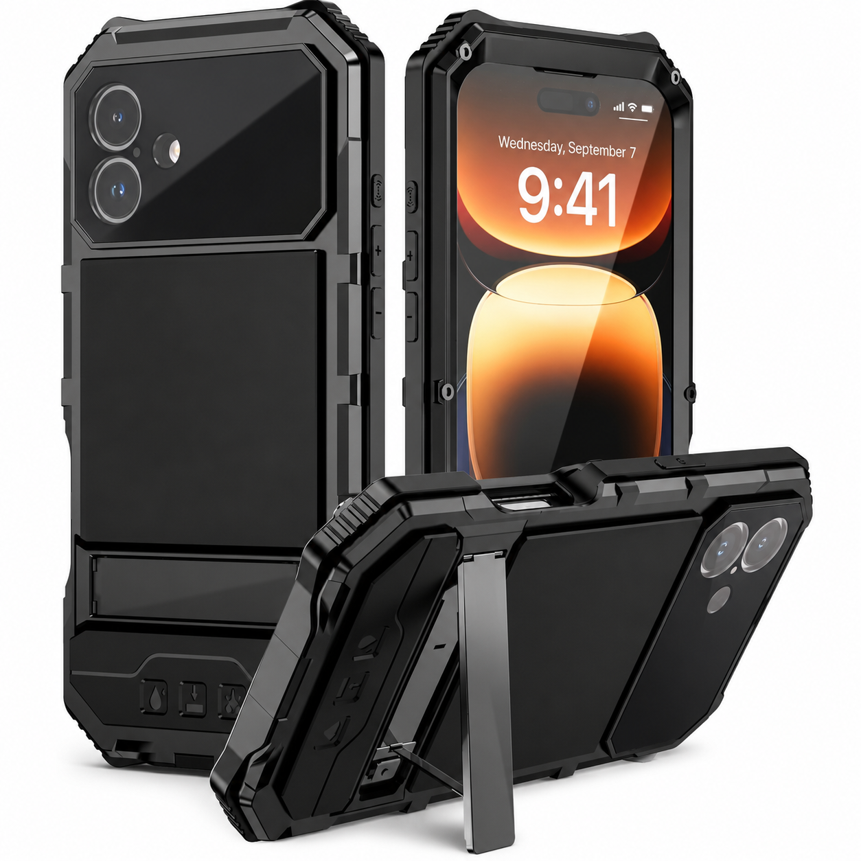 Premium iPhone Case Aluminum Armor Cover with Tempered Glass Screen Protection, Camera Lens Protection, Shockproof Dual Layer Design and Built In Kickstand
