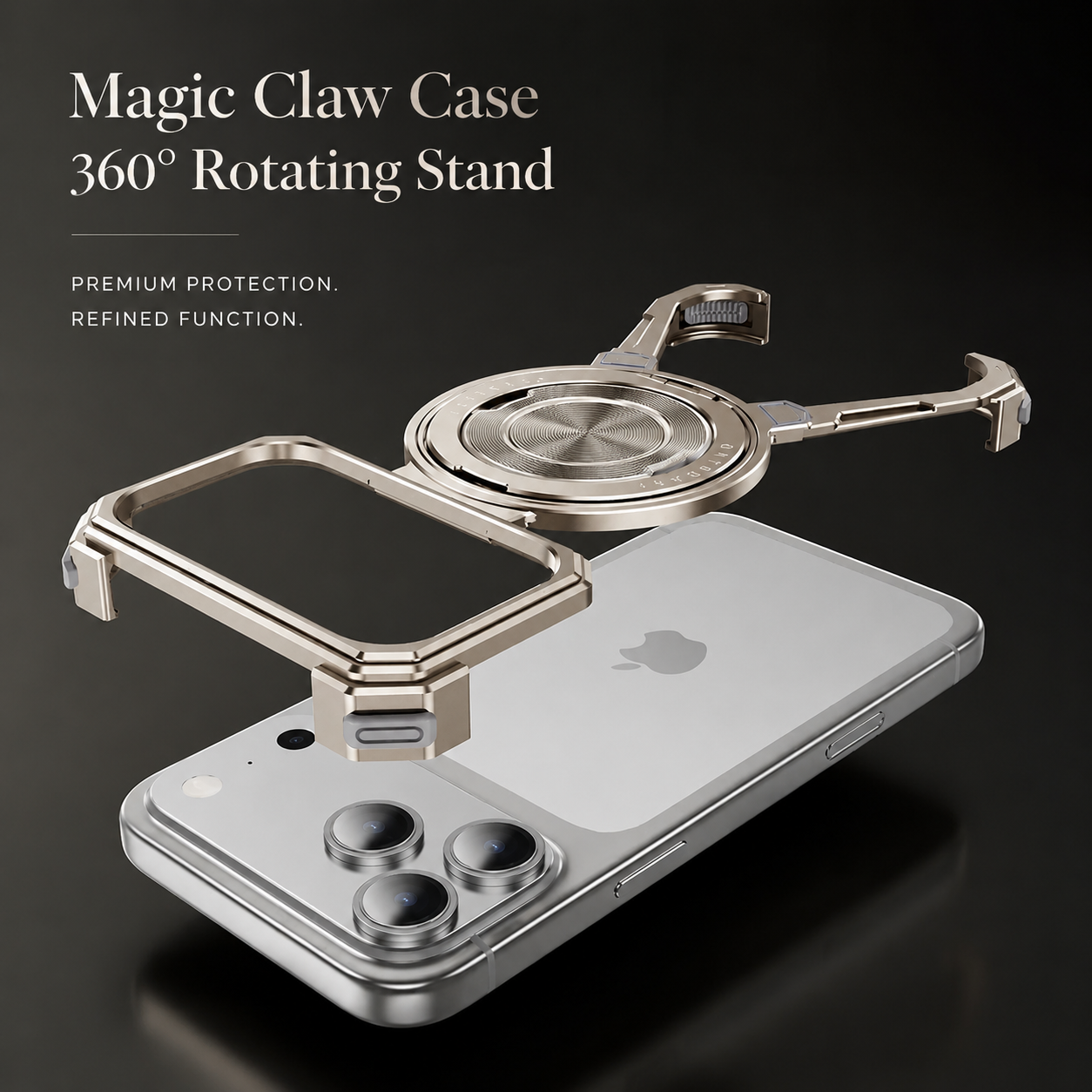 Premium iPhone Case Aluminum Frameless MagSafe Cover, Shockproof Protective Design with 360° Rotating Ring Stand, Secure Grip and Camera Protection