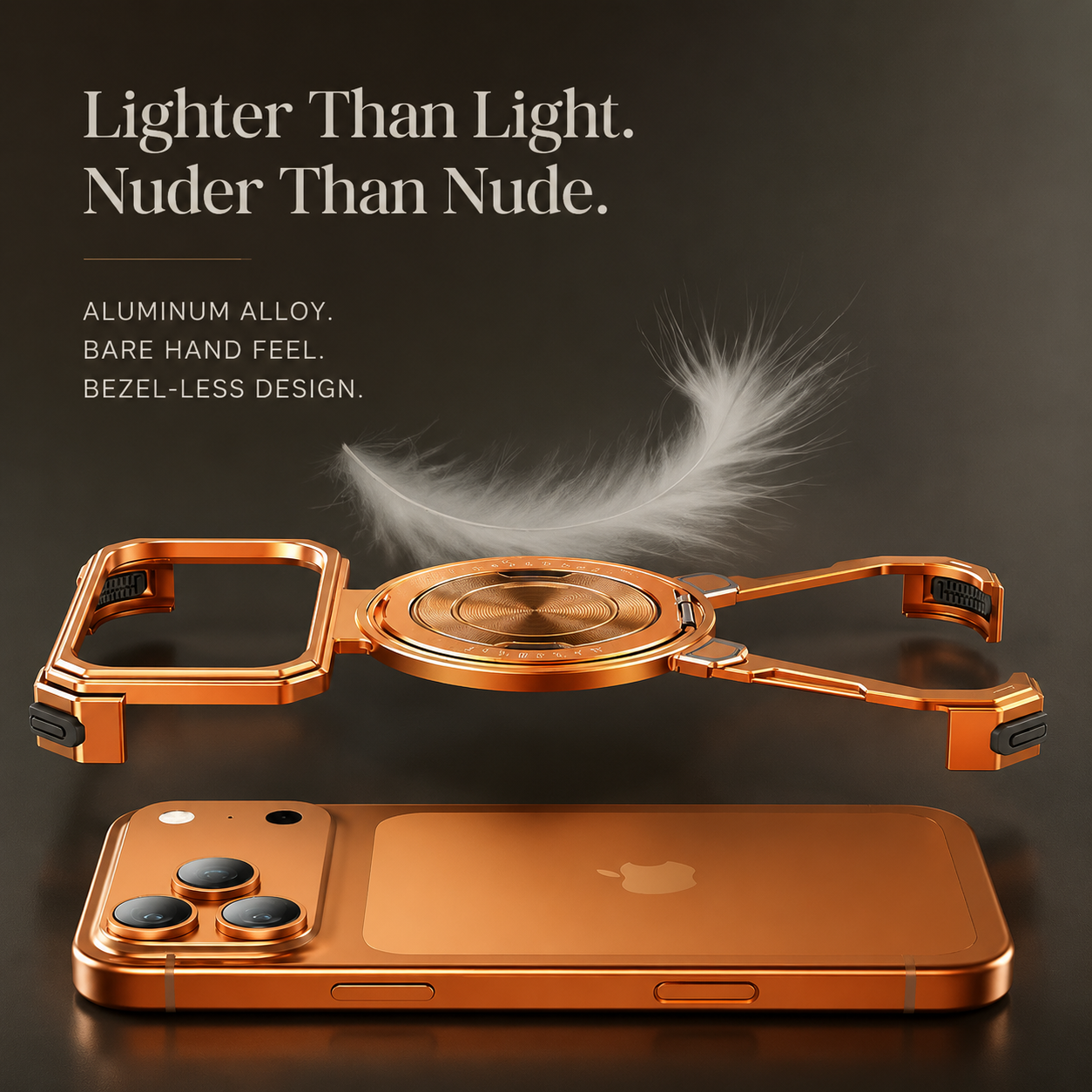 Premium iPhone Case Aluminum Frameless MagSafe Cover, Shockproof Protective Design with 360° Rotating Ring Stand, Secure Grip and Camera Protection