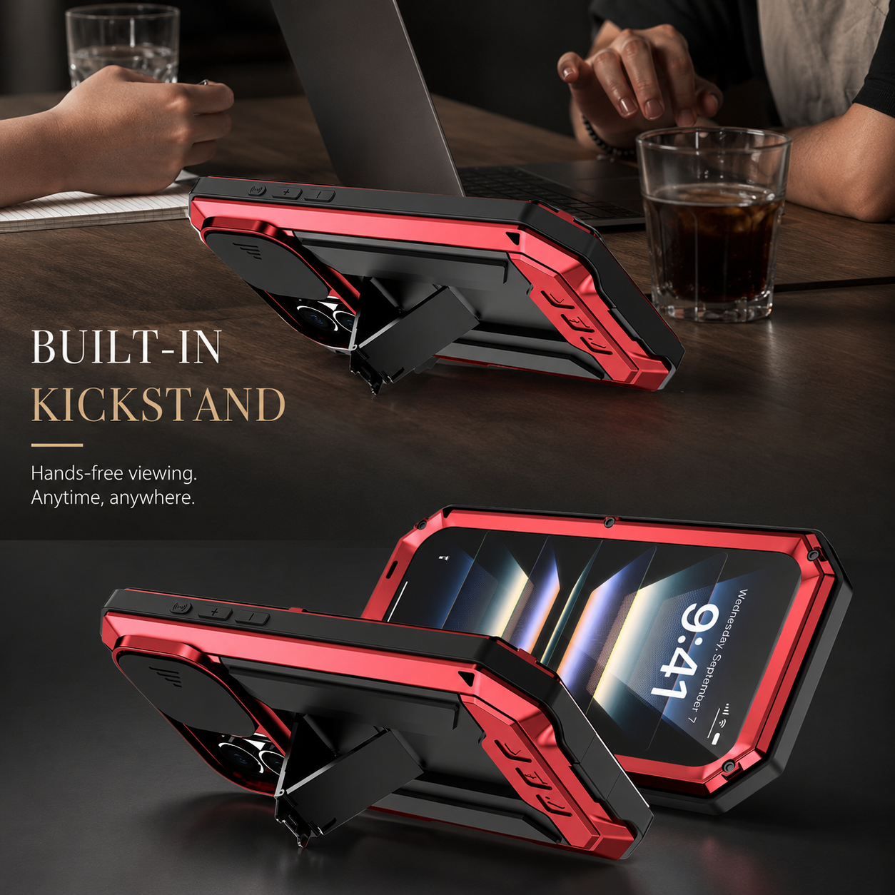 Premium iPhone Case Aluminum Metal Armor Cover with Tempered Glass Screen, Water Resistant Protection, Kickstand, Shockproof Design and Camera Lens Guard