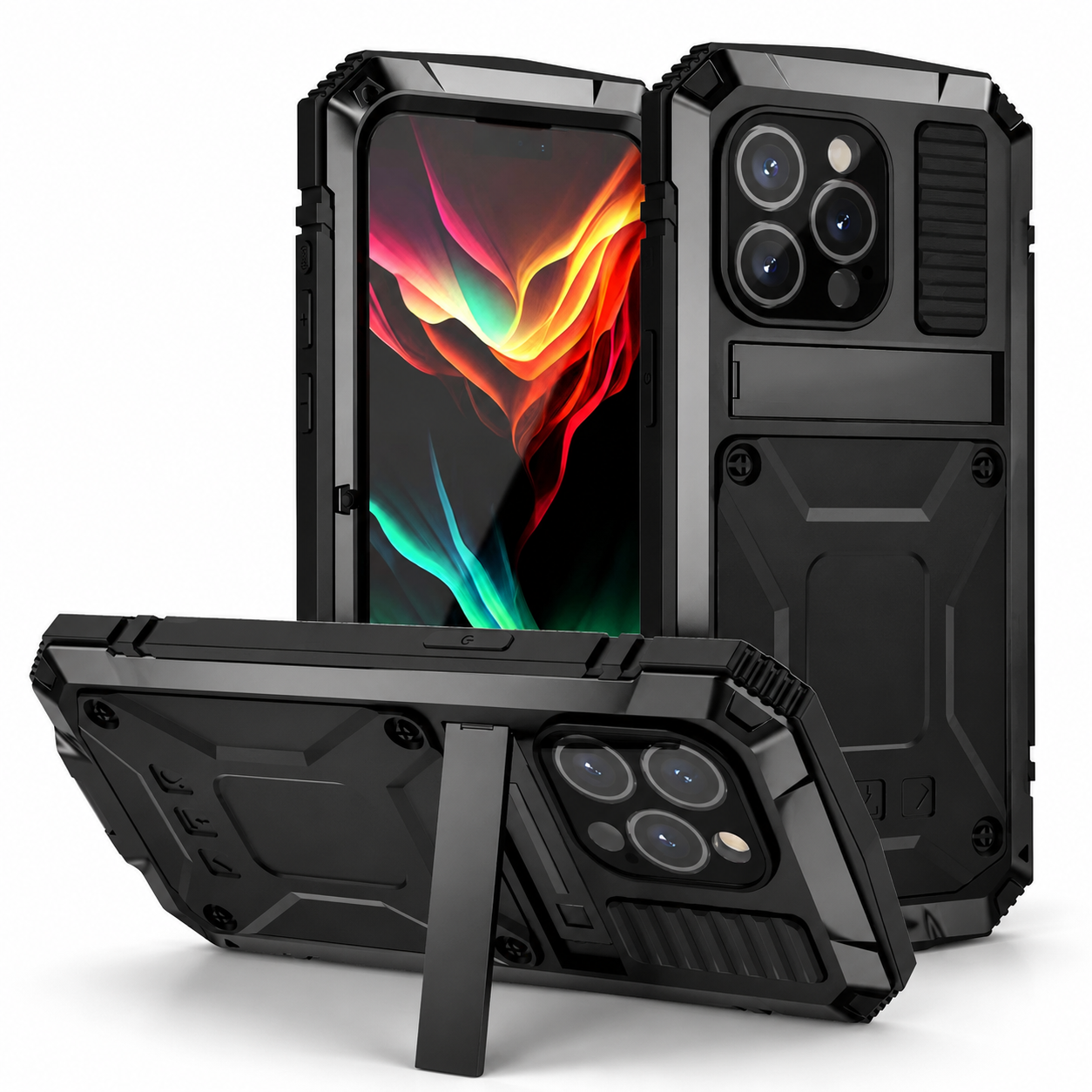Premium iPhone Case Aluminum Metal Armor Cover with Tempered Glass Screen, Water Resistant Protection, Kickstand, Shockproof Design and Camera Lens Guard