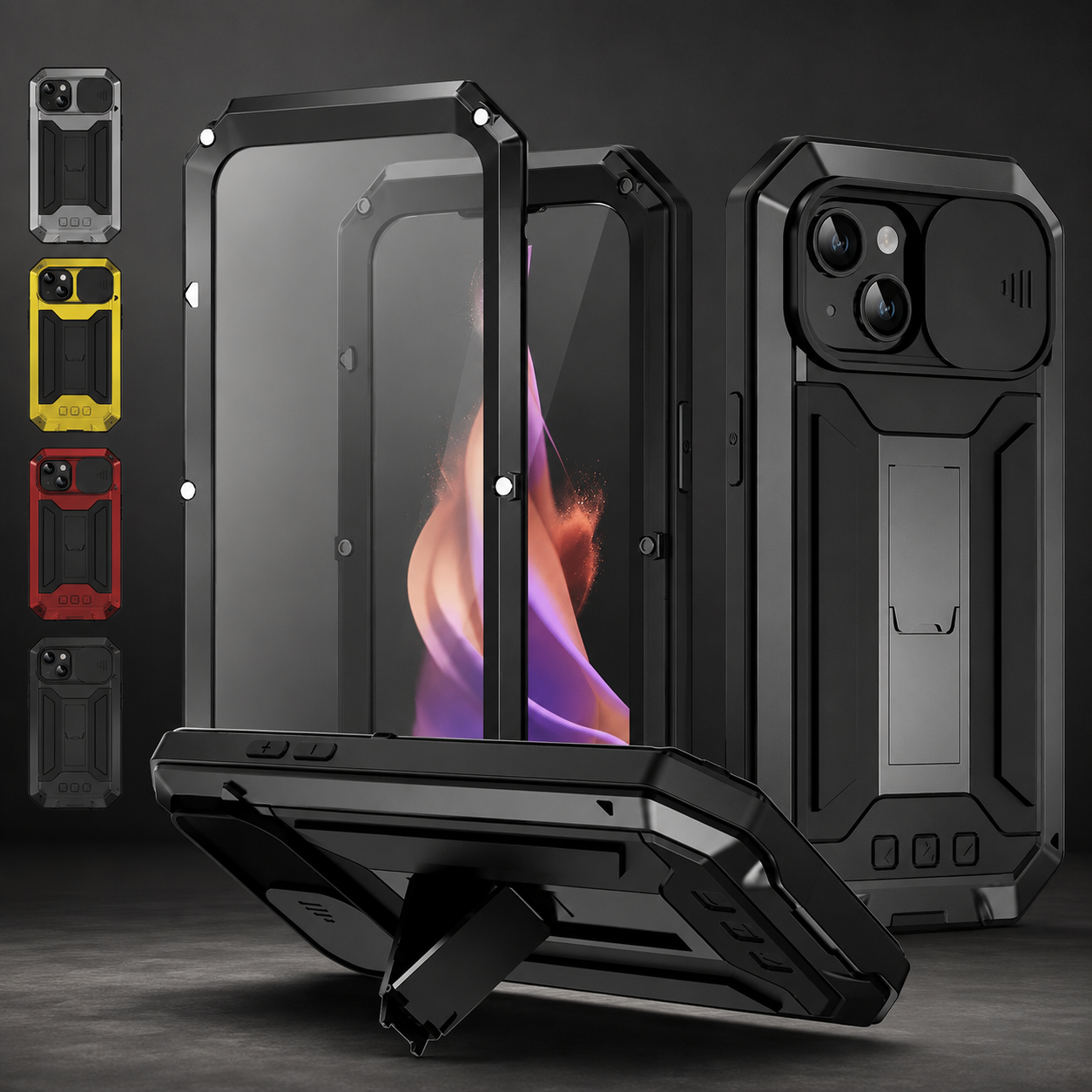 Premium iPhone Case Aluminum Metal Full Body Cover with Tempered Glass Screen Protection, Camera Lens Slider, Shockproof Design and Multi Angle Kickstand
