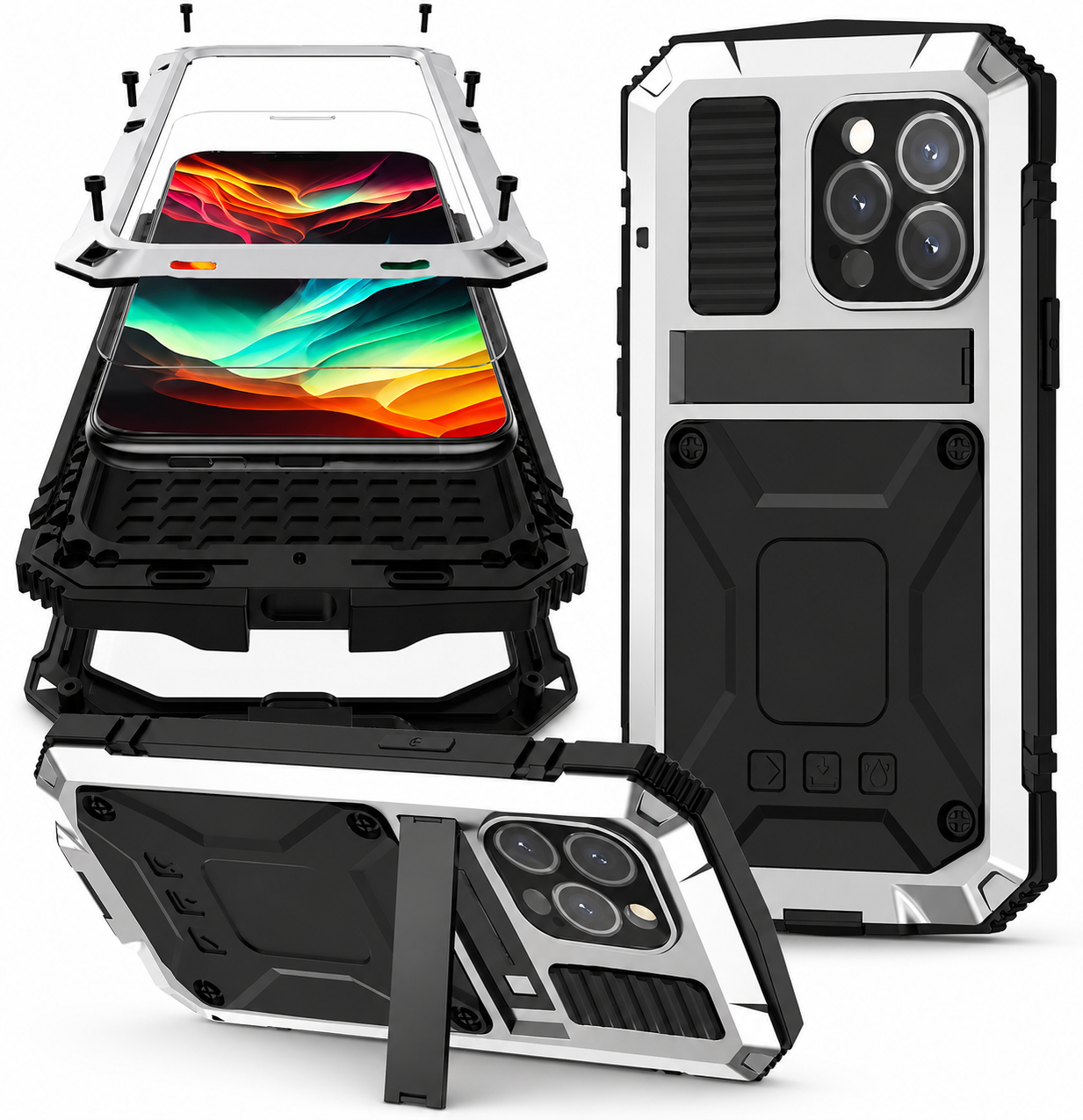 Premium iPhone Case Aluminum Metal Full Body Cover with Tempered Glass Screen Protection, Camera Lens Slider, Shockproof Design and Multi Angle Kickstand