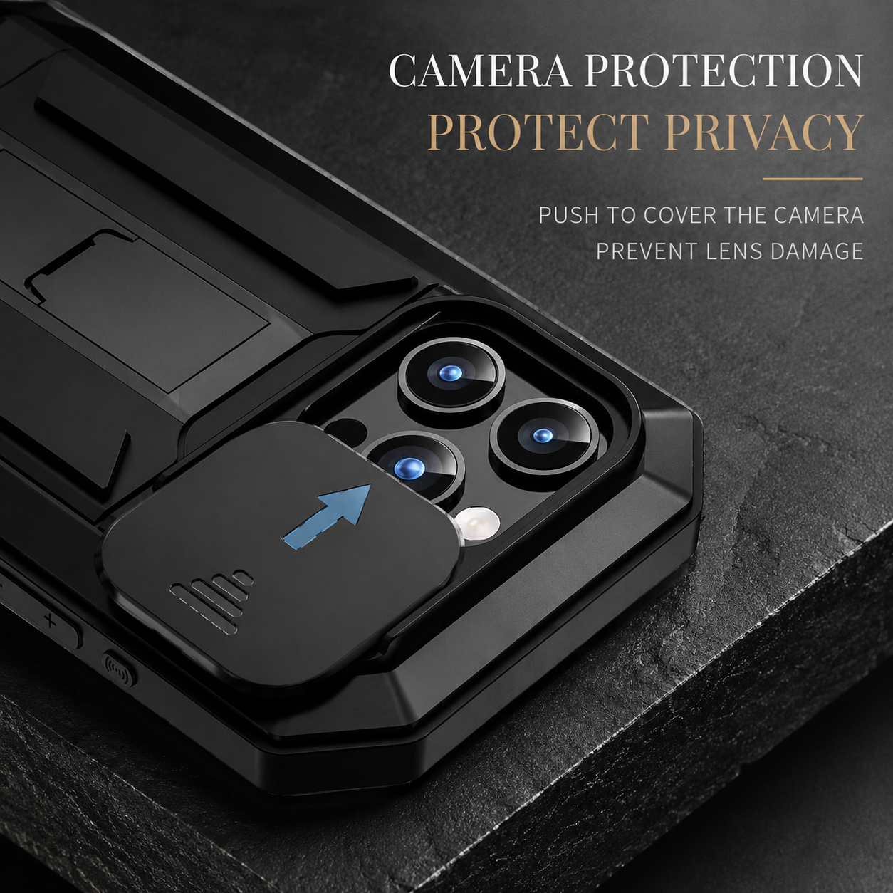 Premium iPhone Case Aluminum Metal Full Body Cover with Tempered Glass Screen Protection, Camera Lens Slider, Shockproof Design and Multi Angle Kickstand