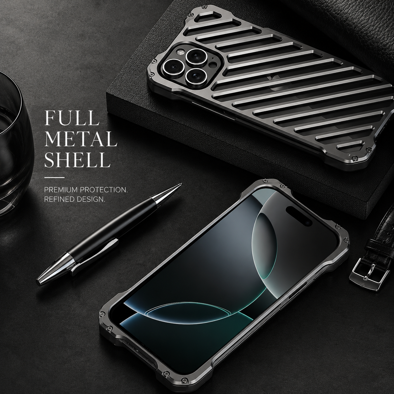 Premium iPhone Case Camera Lens Protection Aluminum Armor Bumper Transparent Hard Cover Shockproof Metal Frame Non Slip Protective Design