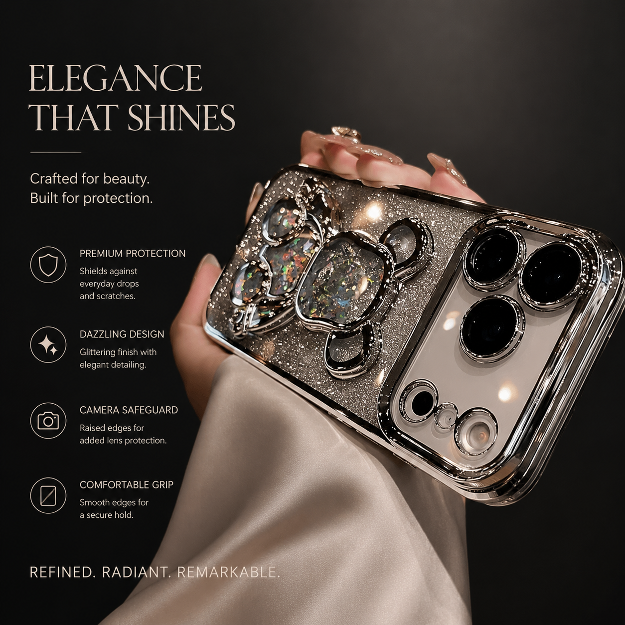 Premium iPhone Case Camera Lens Protection Glitter Mirror Design with Magnetic Bracket, Shockproof Silicone Construction, Anti Scratch Dustproof Finish