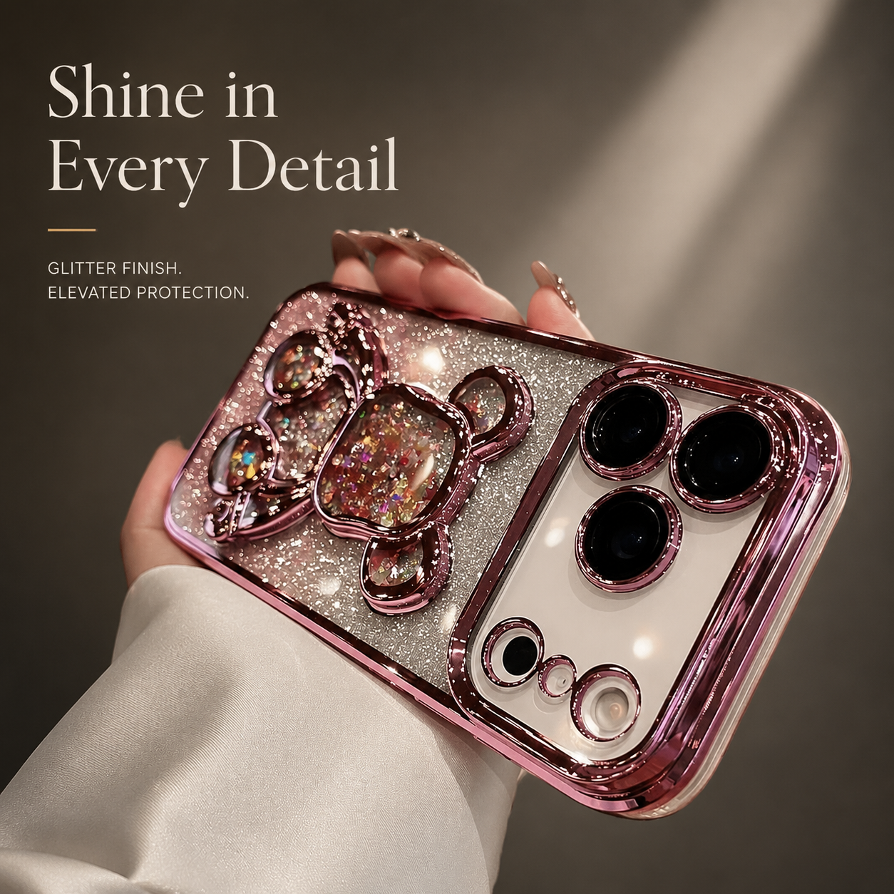 Premium iPhone Case Camera Lens Protection Glitter Mirror Design with Magnetic Bracket, Shockproof Silicone Construction, Anti Scratch Dustproof Finish