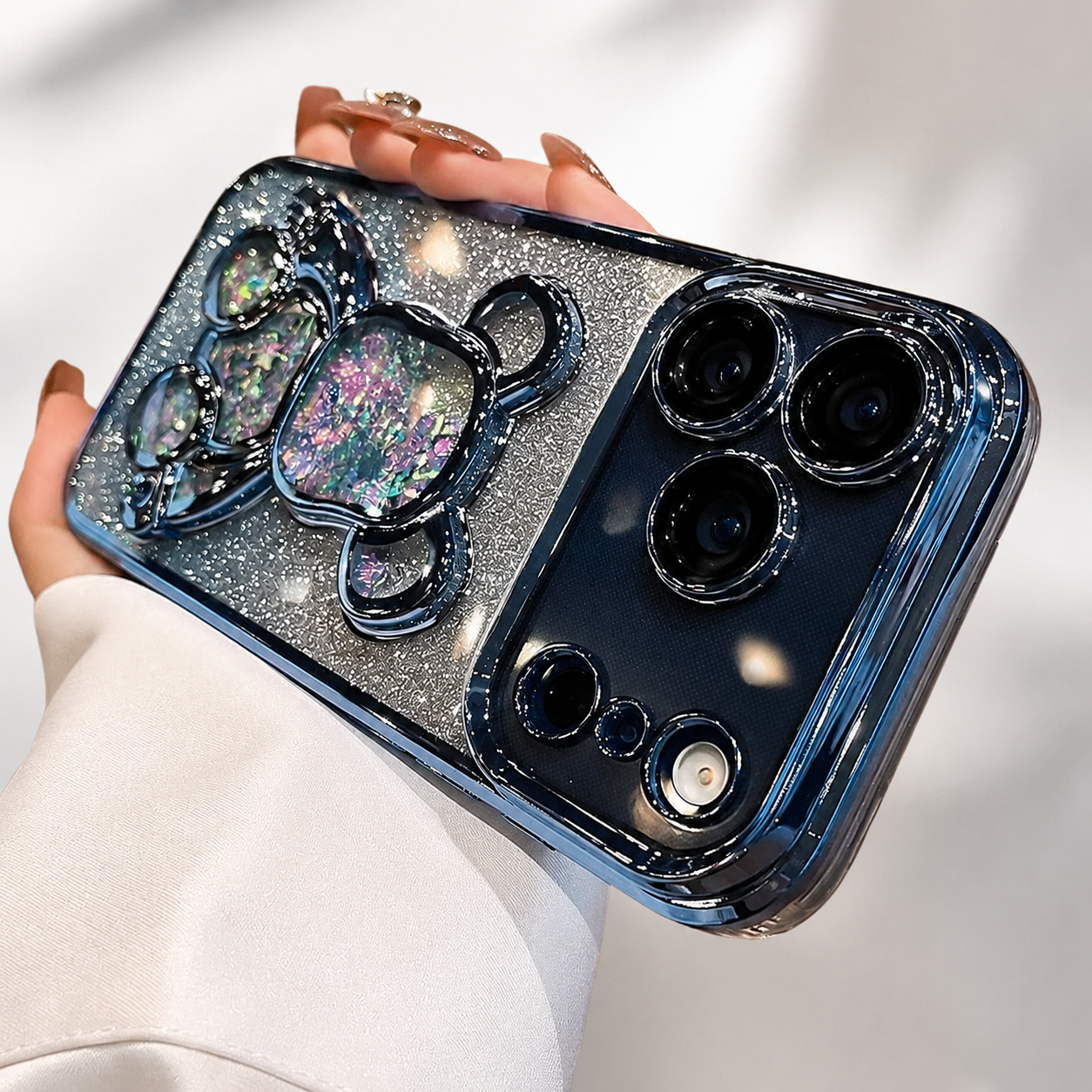 Premium iPhone Case Camera Lens Protection Glitter Mirror Design with Magnetic Bracket, Shockproof Silicone Construction, Anti Scratch Dustproof Finish