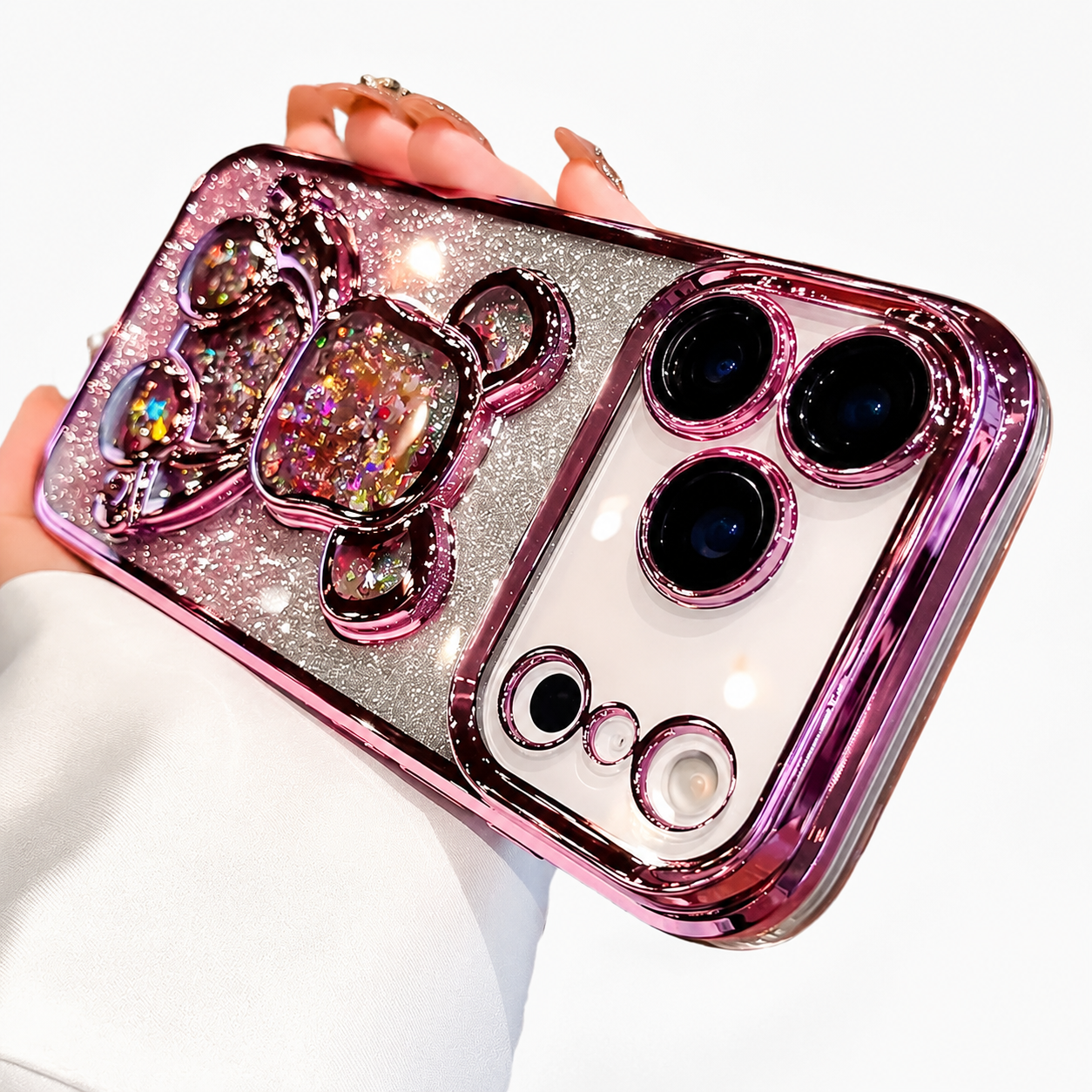 Premium iPhone Case Camera Lens Protection Glitter Mirror Design with Magnetic Bracket, Shockproof Silicone Construction, Anti Scratch Dustproof Finish