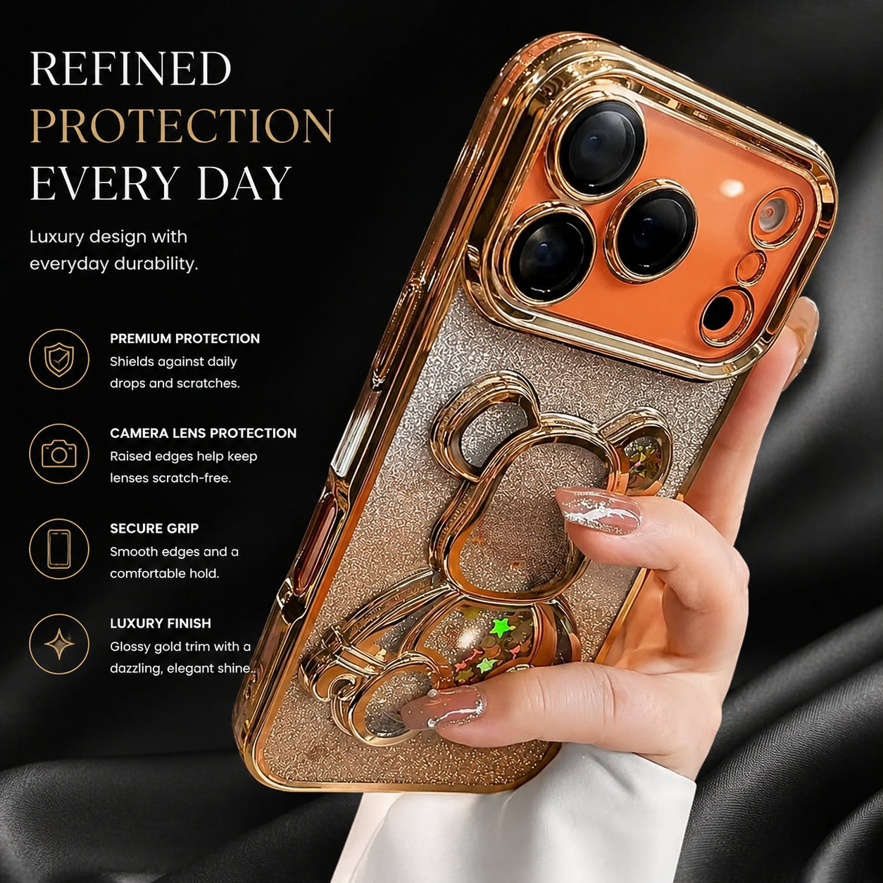 Premium iPhone Case Camera Lens Protection Glitter Mirror Design with Magnetic Bracket, Shockproof Silicone Construction, Anti Scratch Dustproof Finish