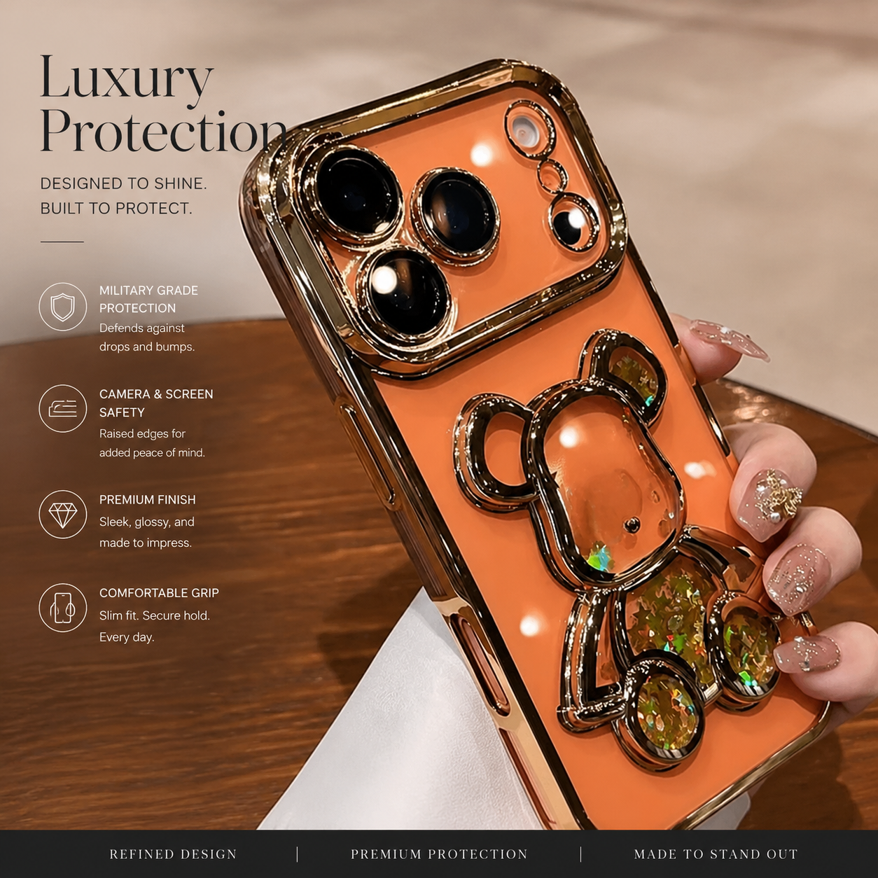 Premium iPhone Case Camera Lens Protection Glitter Mirror Design with Magnetic Bracket, Shockproof Silicone Construction, Anti Scratch Dustproof Finish