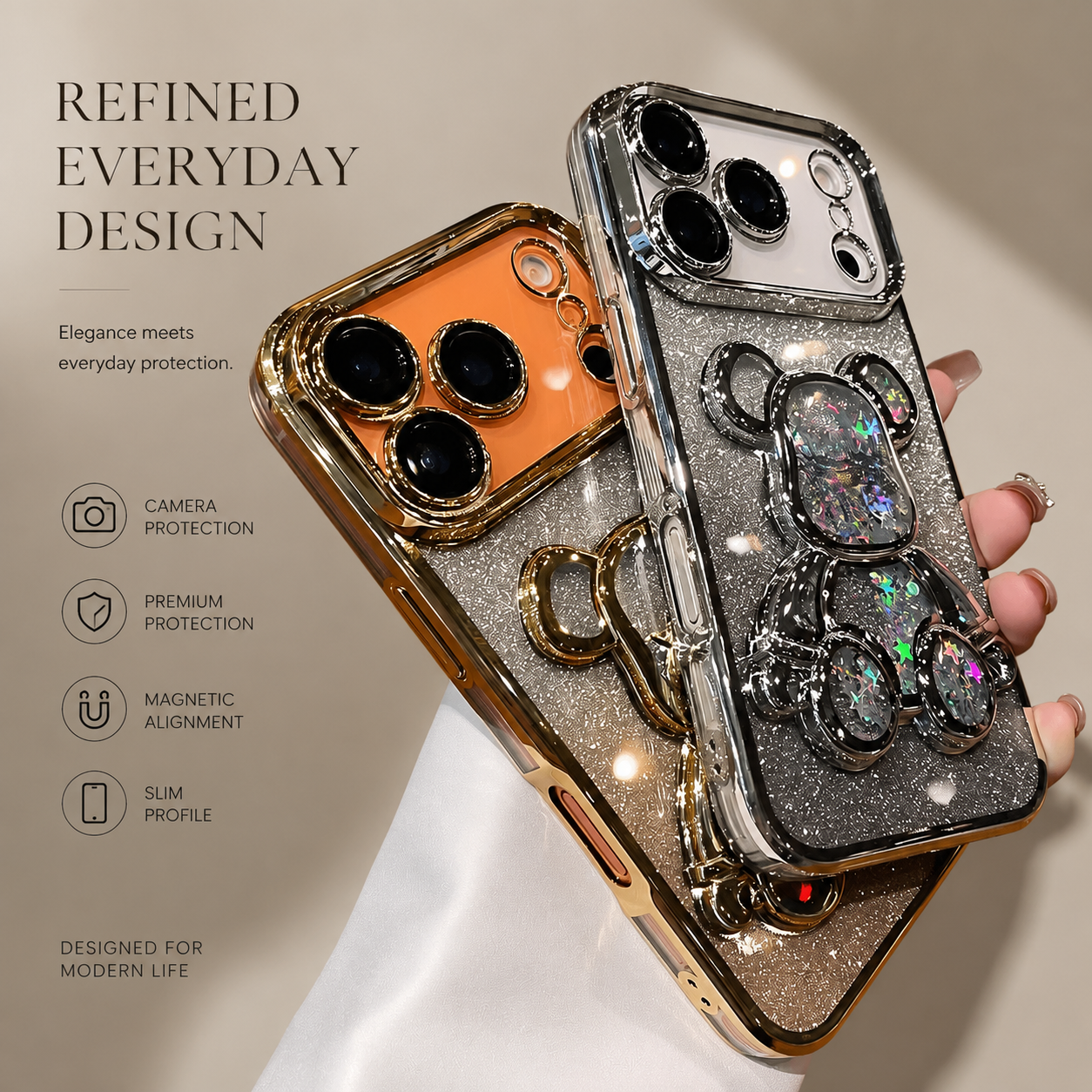 Premium iPhone Case Camera Lens Protection Glitter Mirror Design with Magnetic Bracket, Shockproof Silicone Construction, Anti Scratch Dustproof Finish