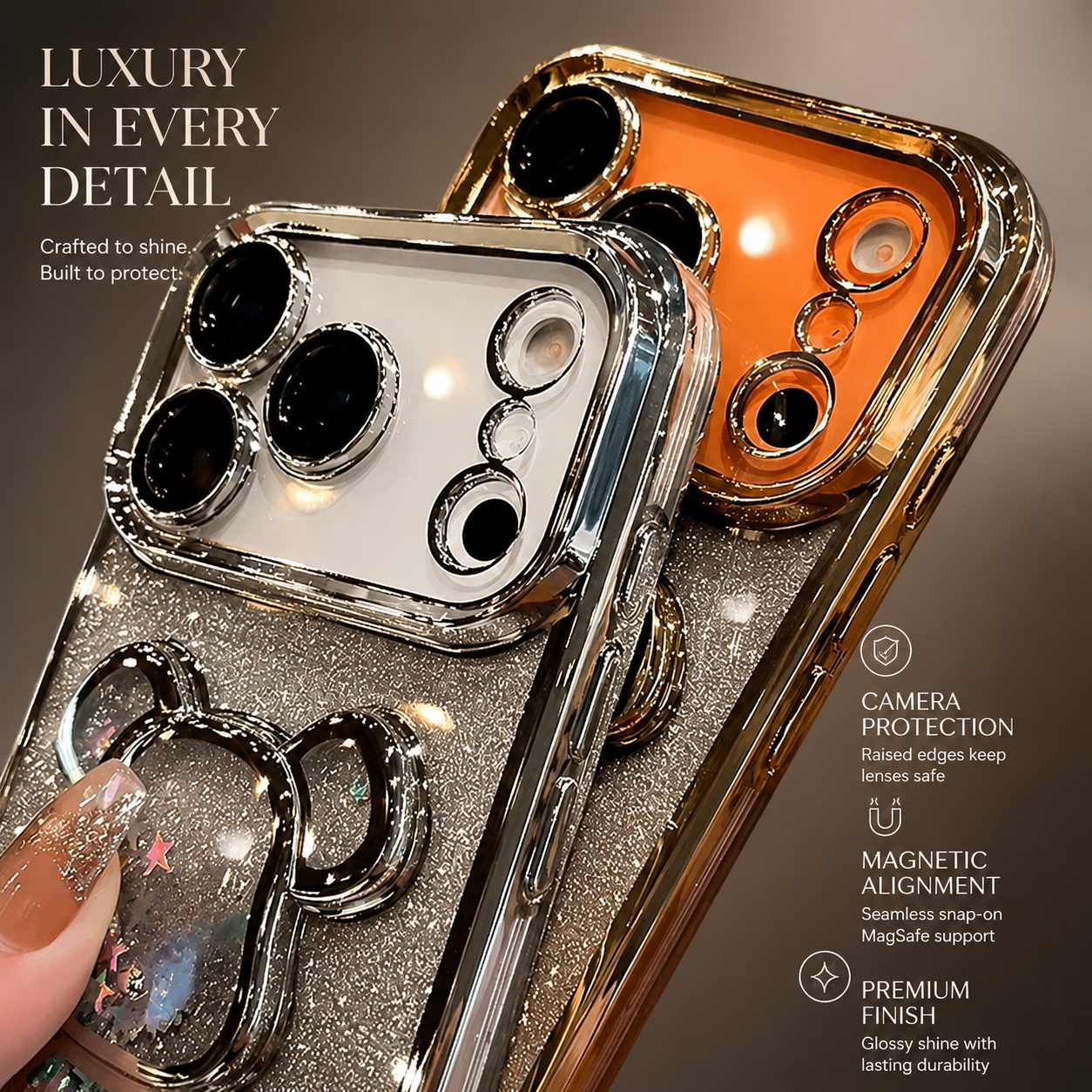 Premium iPhone Case Camera Lens Protection Glitter Mirror Design with Magnetic Bracket, Shockproof Silicone Construction, Anti Scratch Dustproof Finish