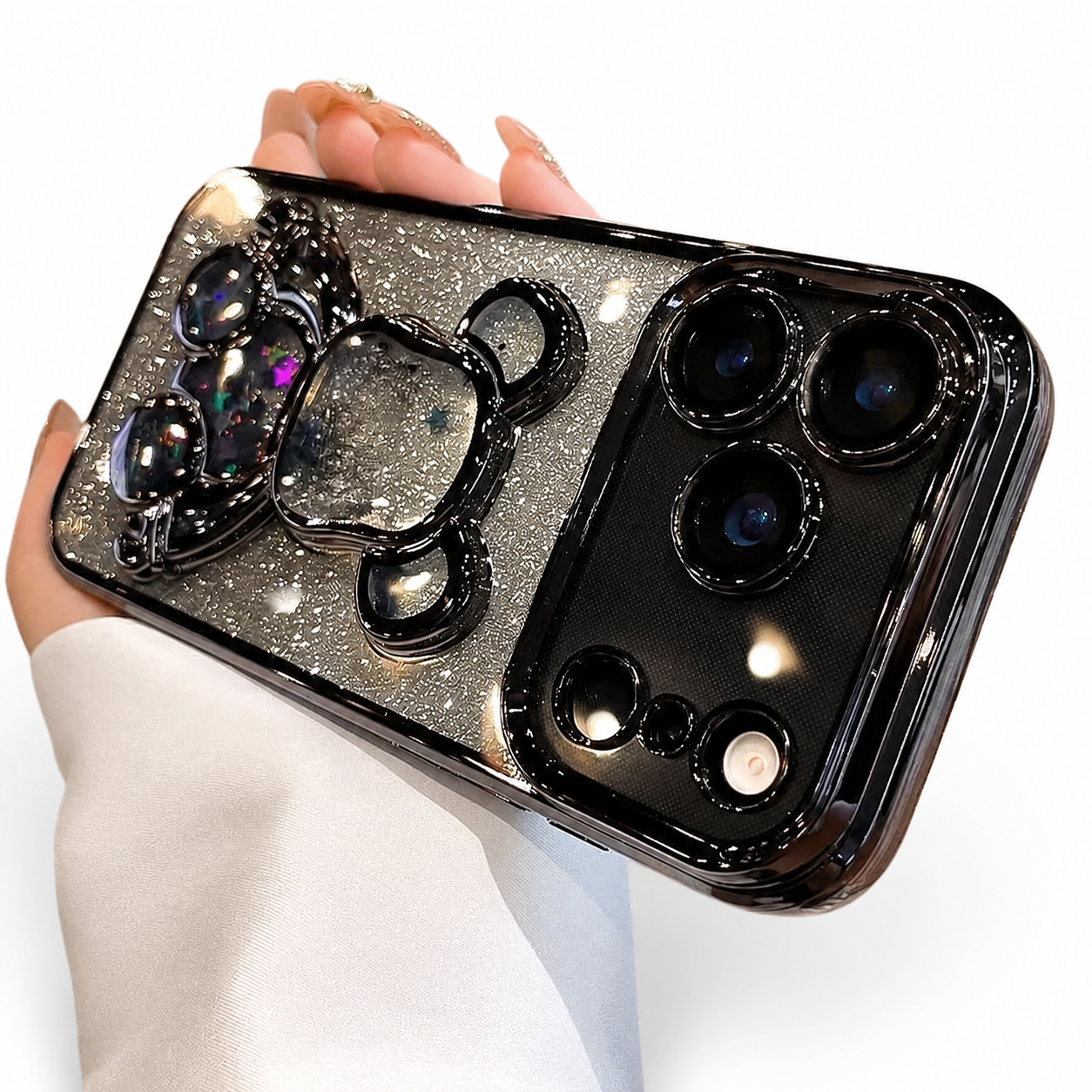 Premium iPhone Case Camera Lens Protection Glitter Mirror Design with Magnetic Bracket, Shockproof Silicone Construction, Anti Scratch Dustproof Finish