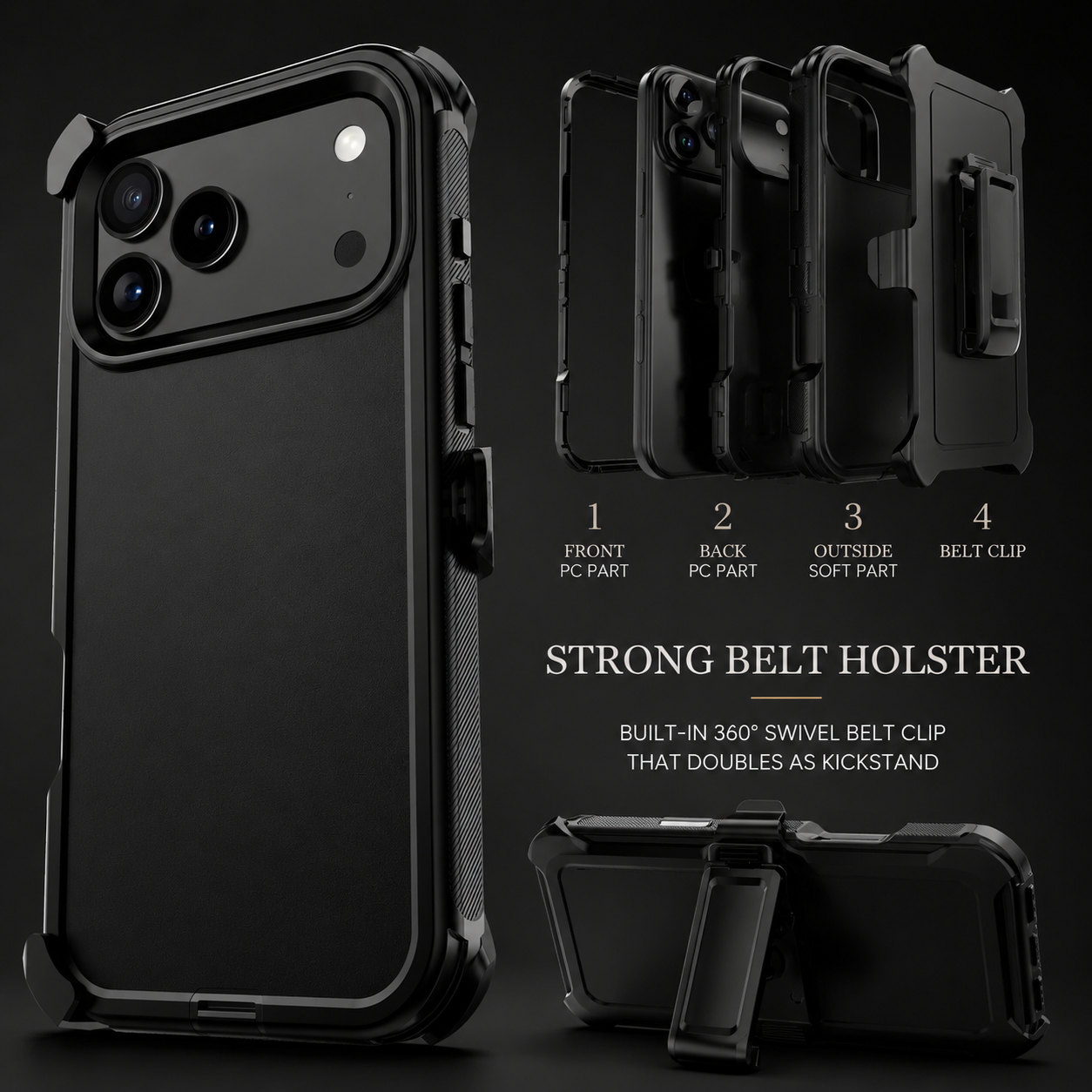 Premium iPhone Case Camera Lens Protection Shockproof Cover 3 Layer Hybrid Armor Belt Clip Holster Kickstand Anti Fingerprint Rugged Design