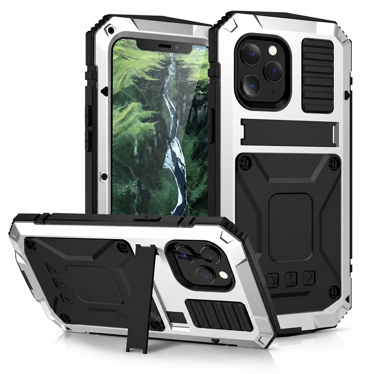 Premium iPhone Case Camera Lens Protection Shockproof Cover Aluminum Metal Armor Tempered Glass Screen Water Resistant Full Body Kickstand Design