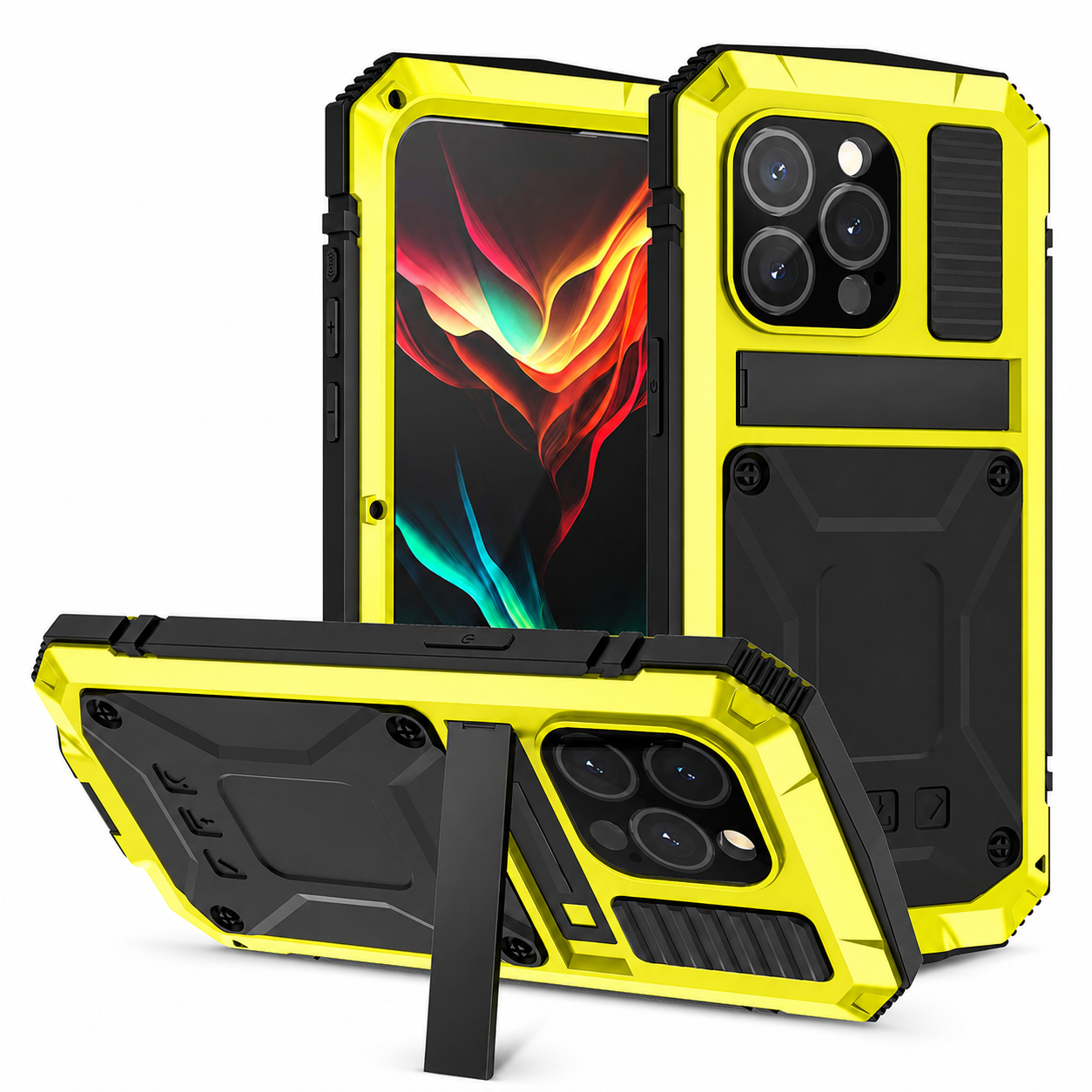 Premium iPhone Case Camera Lens Protection Shockproof Cover Aluminum Metal Armor Tempered Glass Screen Water Resistant Full Body Kickstand Design