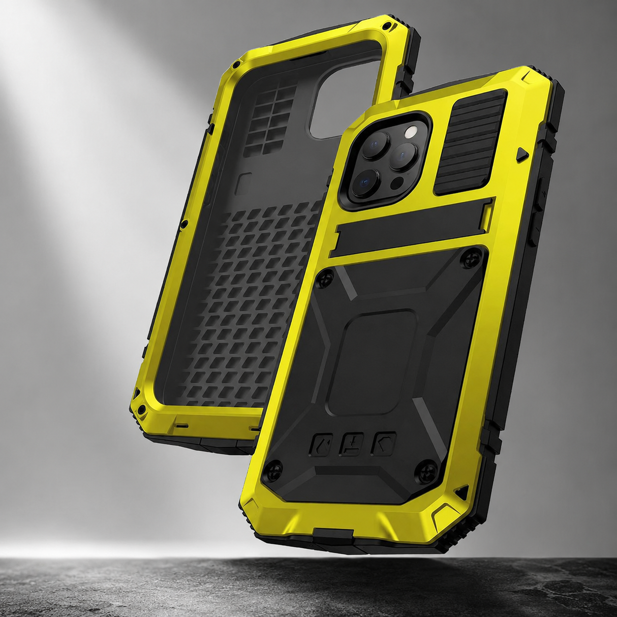 Premium iPhone Case Camera Lens Protection Shockproof Cover Aluminum Metal Armor Tempered Glass Screen Water Resistant Full Body Kickstand Design