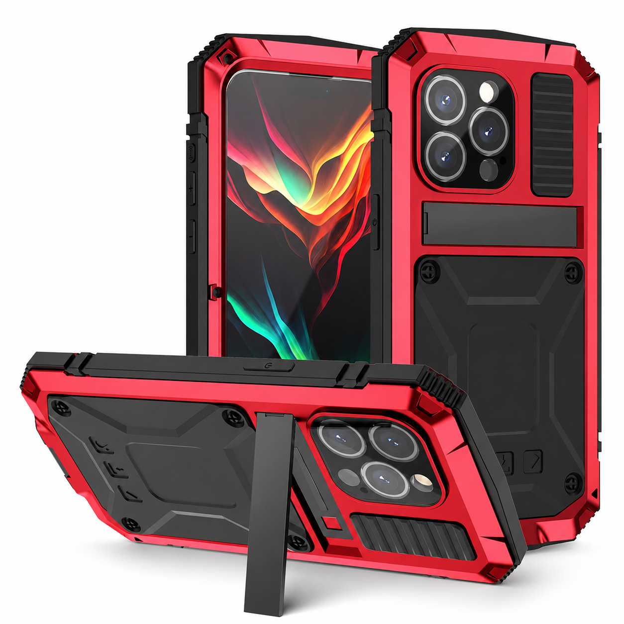 Premium iPhone Case Camera Lens Protection Shockproof Cover Aluminum Metal Armor Tempered Glass Screen Water Resistant Full Body Kickstand Design