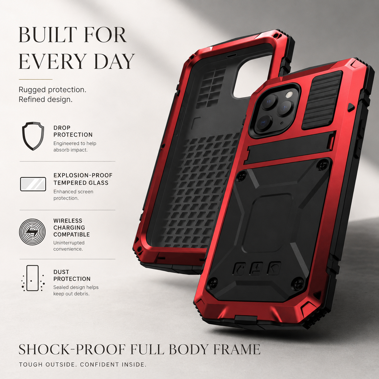 Premium iPhone Case Camera Lens Protection Shockproof Cover Aluminum Metal Armor Tempered Glass Screen Water Resistant Full Body Kickstand Design