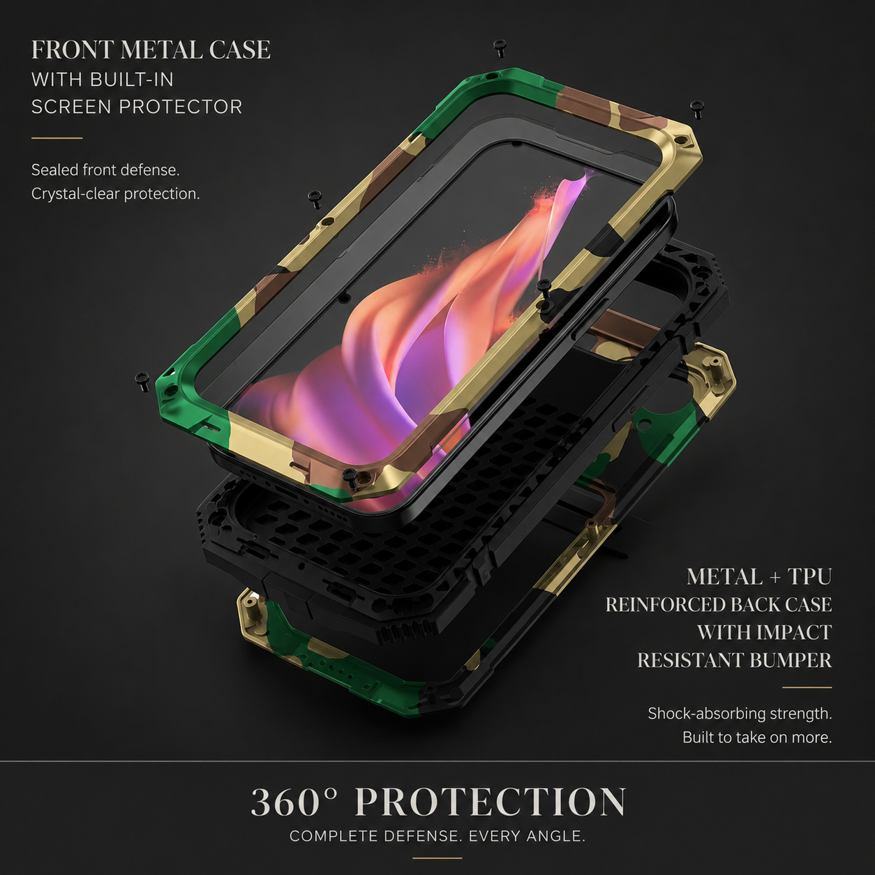 Premium iPhone Case Camera Lens Protection Shockproof Cover Aluminum Metal Armor Tempered Glass Screen Water Resistant Full Body Kickstand Design