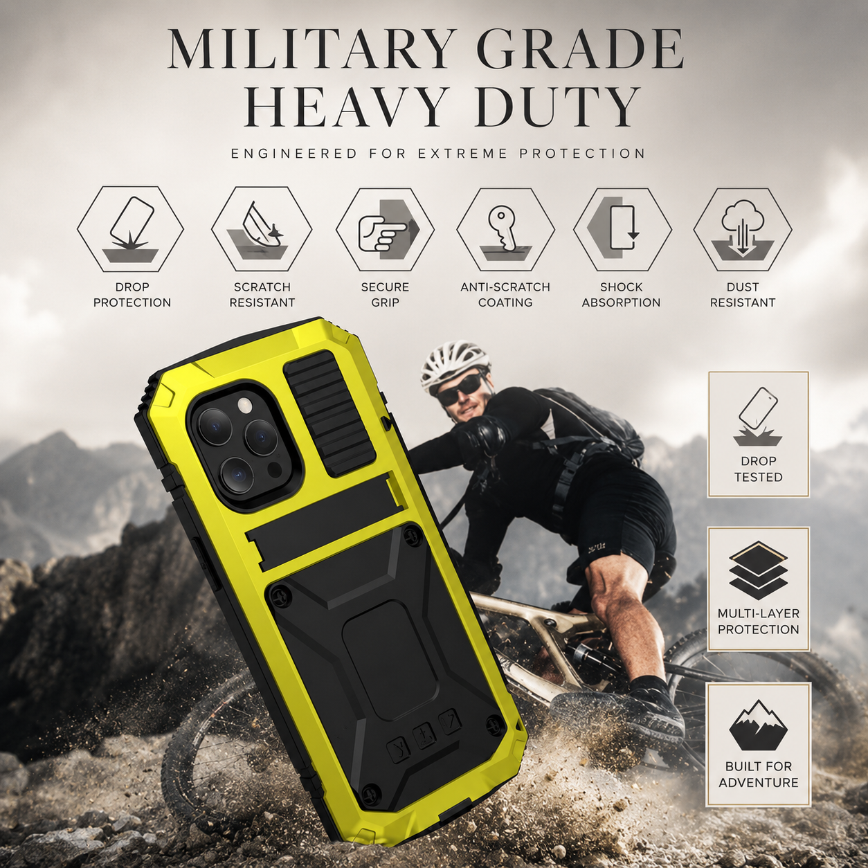 Premium iPhone Case Camera Lens Protection Shockproof Cover Aluminum Metal Armor Tempered Glass Screen Water Resistant Full Body Kickstand Design