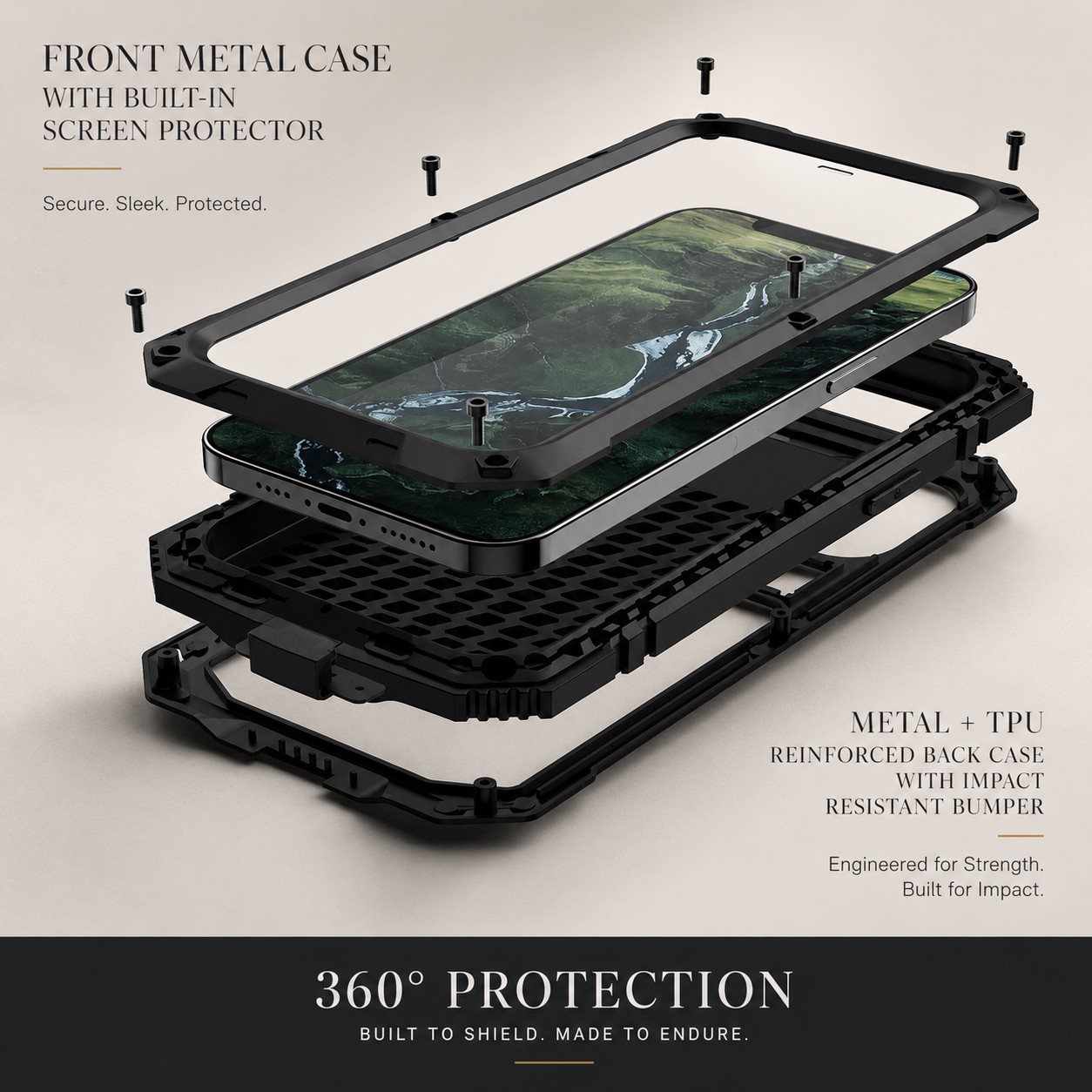 Premium iPhone Case Camera Lens Protection Shockproof Cover Aluminum Metal Armor Tempered Glass Screen Water Resistant Full Body Kickstand Design