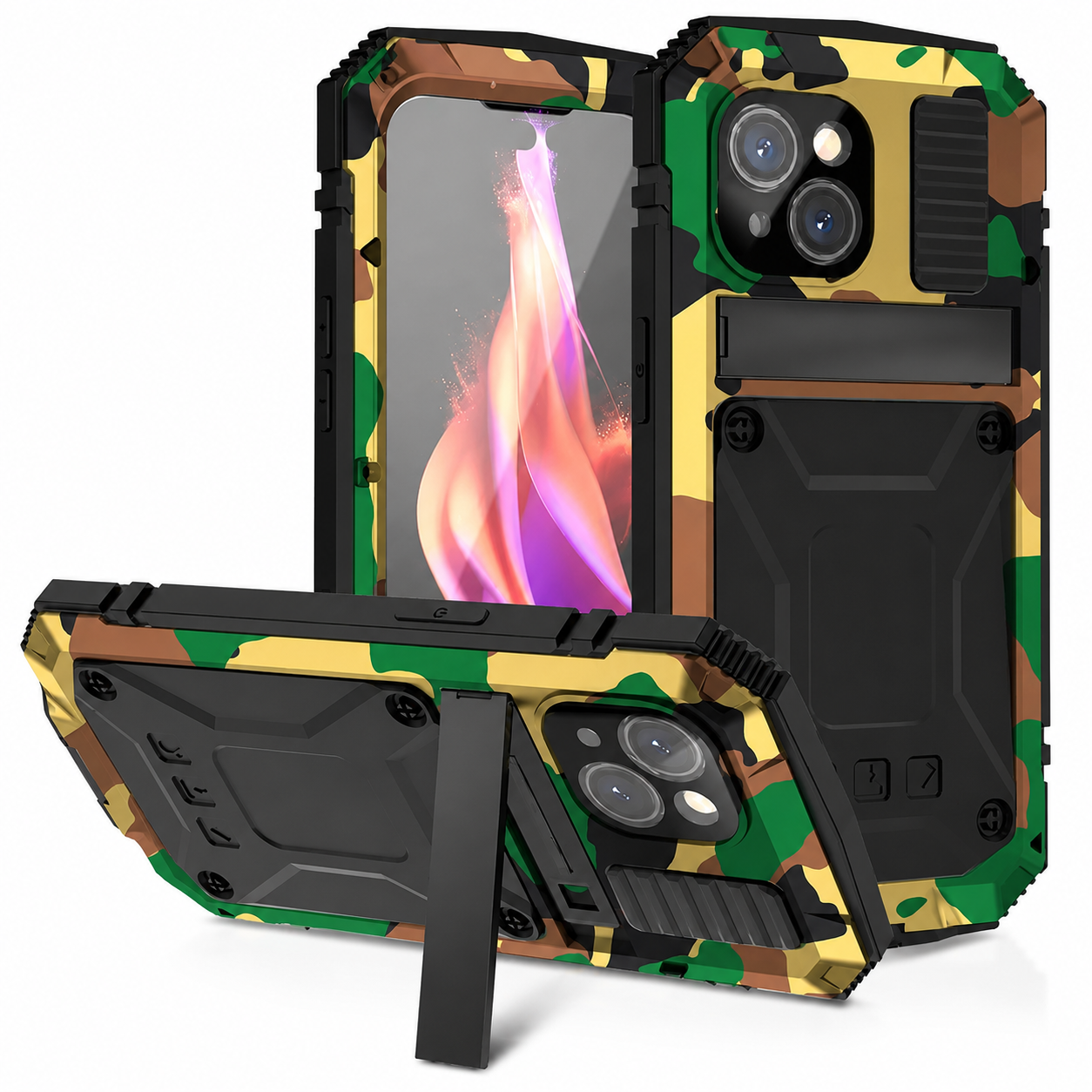 Premium iPhone Case Camera Lens Protection Shockproof Cover Aluminum Metal Armor Tempered Glass Screen Water Resistant Full Body Kickstand Design