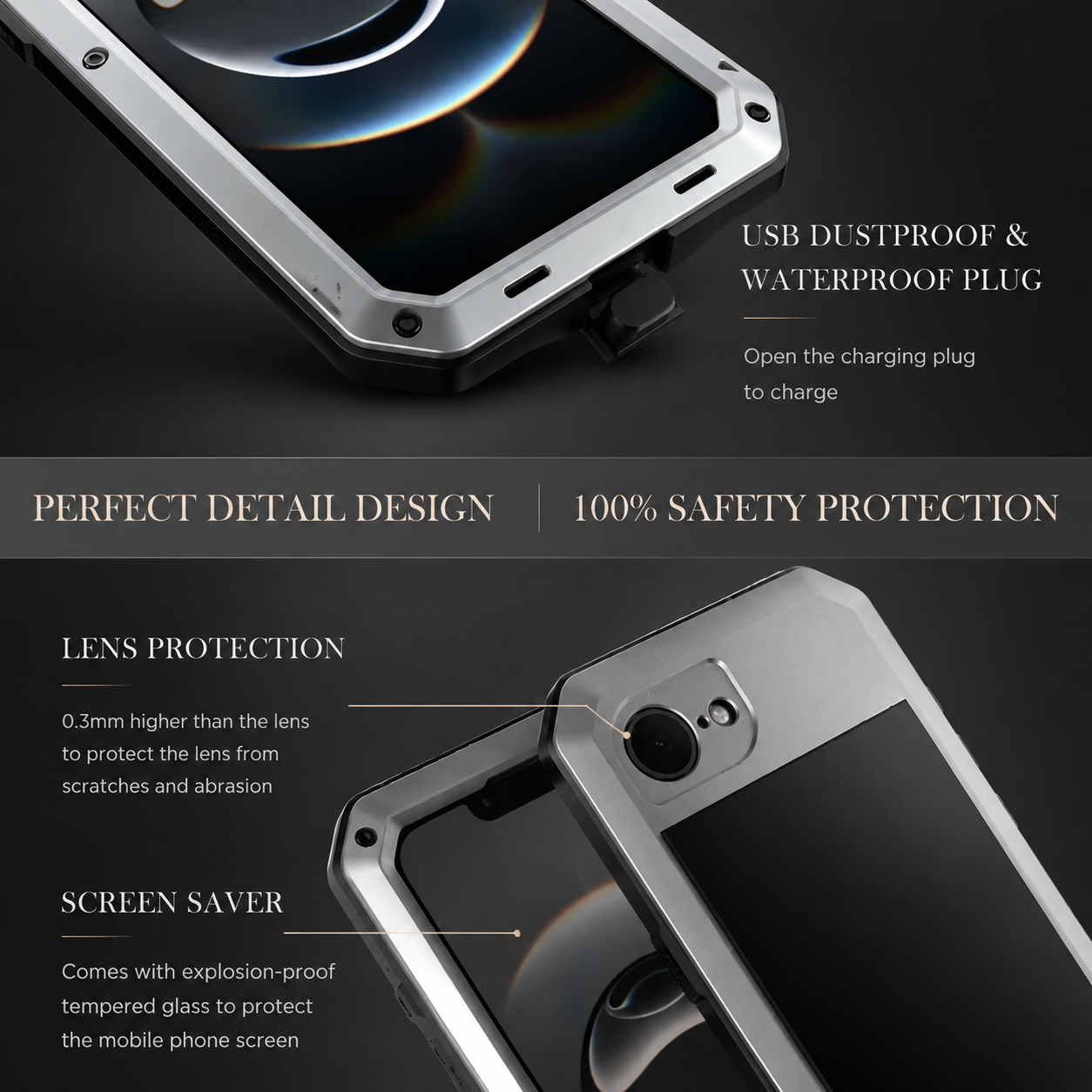 Premium iPhone Case Camera Lens Protection Shockproof Cover Heavy Duty Metal Frame Built In Glass Screen Protector TPU PC Rugged Armor Design