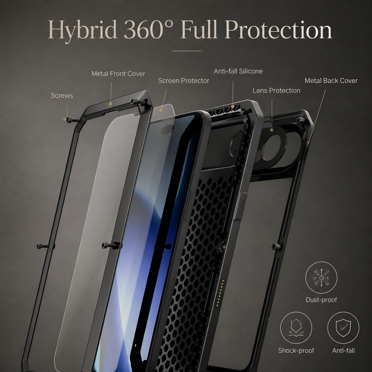 Premium iPhone Case Camera Lens Protection Shockproof Cover Heavy Duty Metal Frame Built In Glass Screen Protector TPU PC Rugged Armor Design