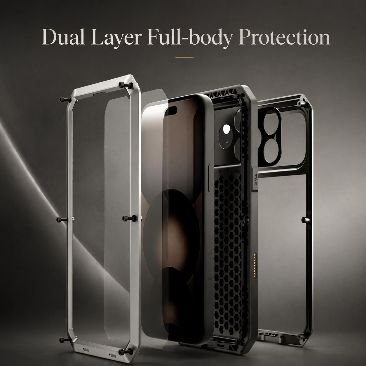 Premium iPhone Case Camera Lens Protection Shockproof Cover Heavy Duty Metal Frame Built In Glass Screen Protector TPU PC Rugged Armor Design