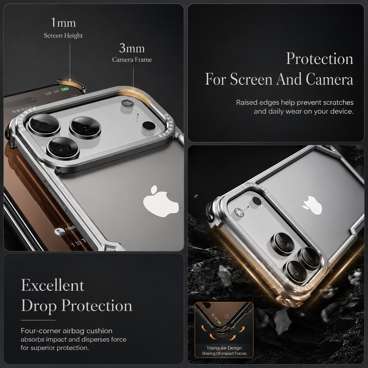 Premium iPhone Case Camera Lens Protection Shockproof Protective Cover Aluminum Alloy Frameless Wireless Charging Compatible Minimalist Design