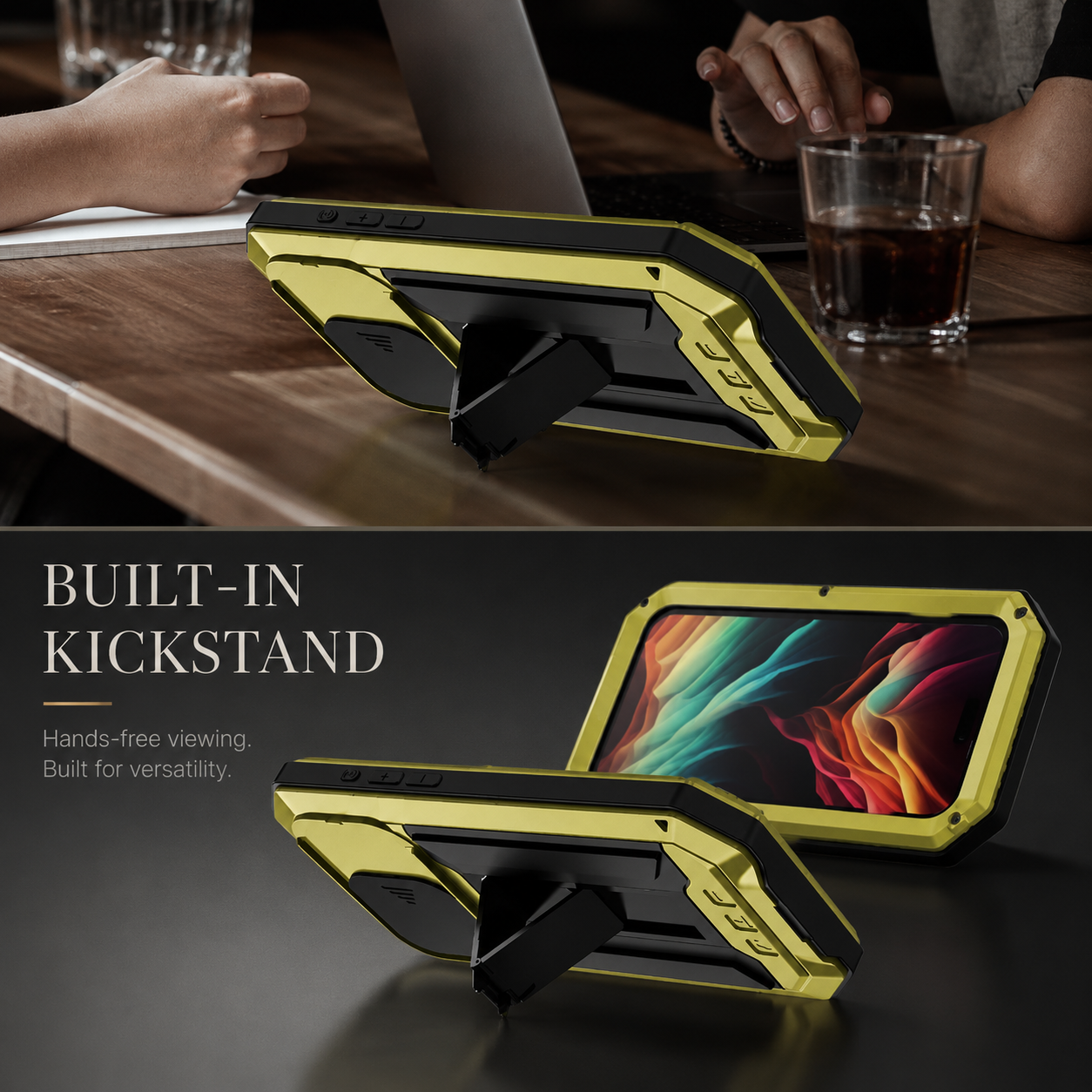 Premium iPhone Case Camera Lens Protection Shockproof Protective Cover Built In Screen Protection Heavy Duty Metal Armor Kickstand Design