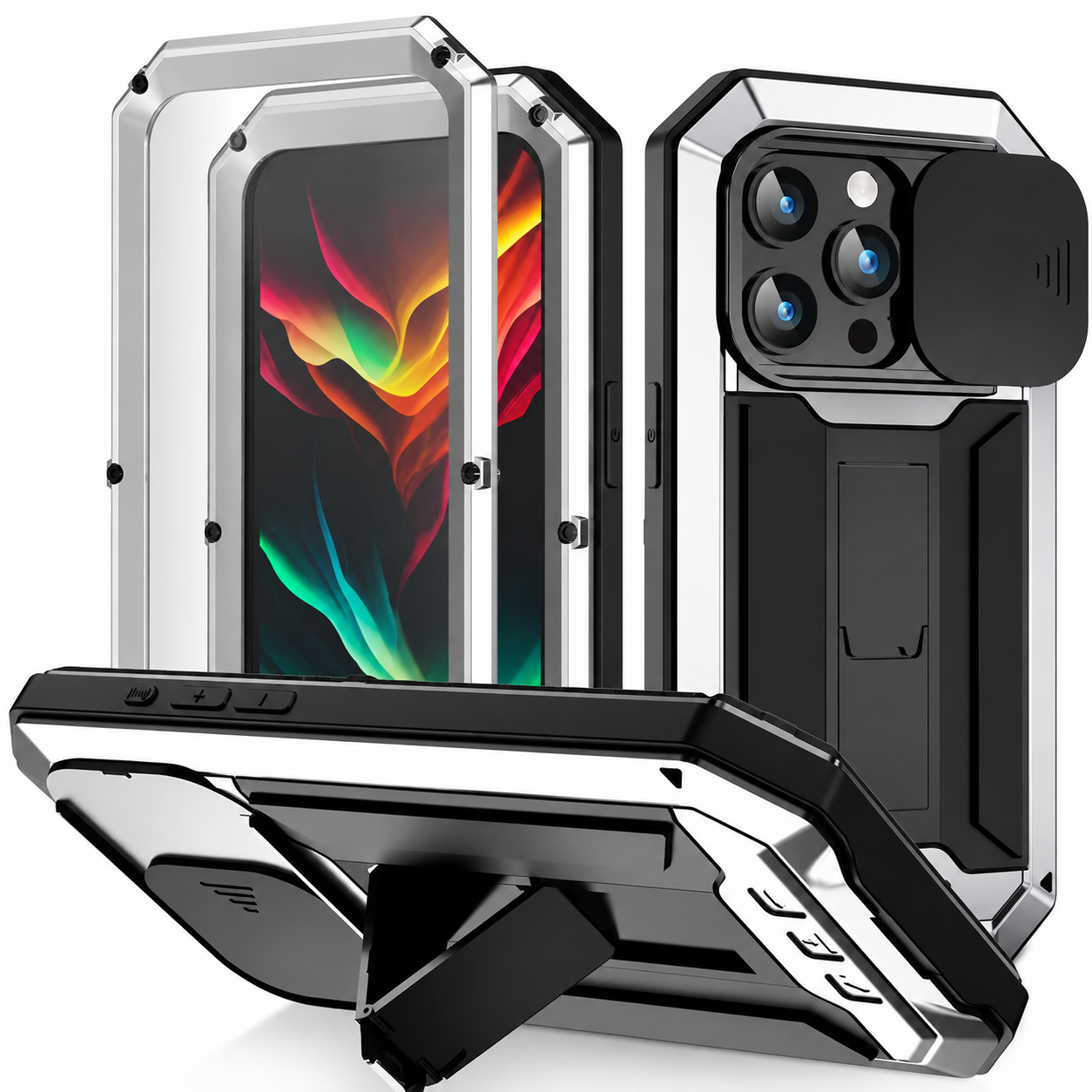 Premium iPhone Case Camera Lens Protection Shockproof Protective Cover Built In Screen Protection Heavy Duty Metal Armor Kickstand Design