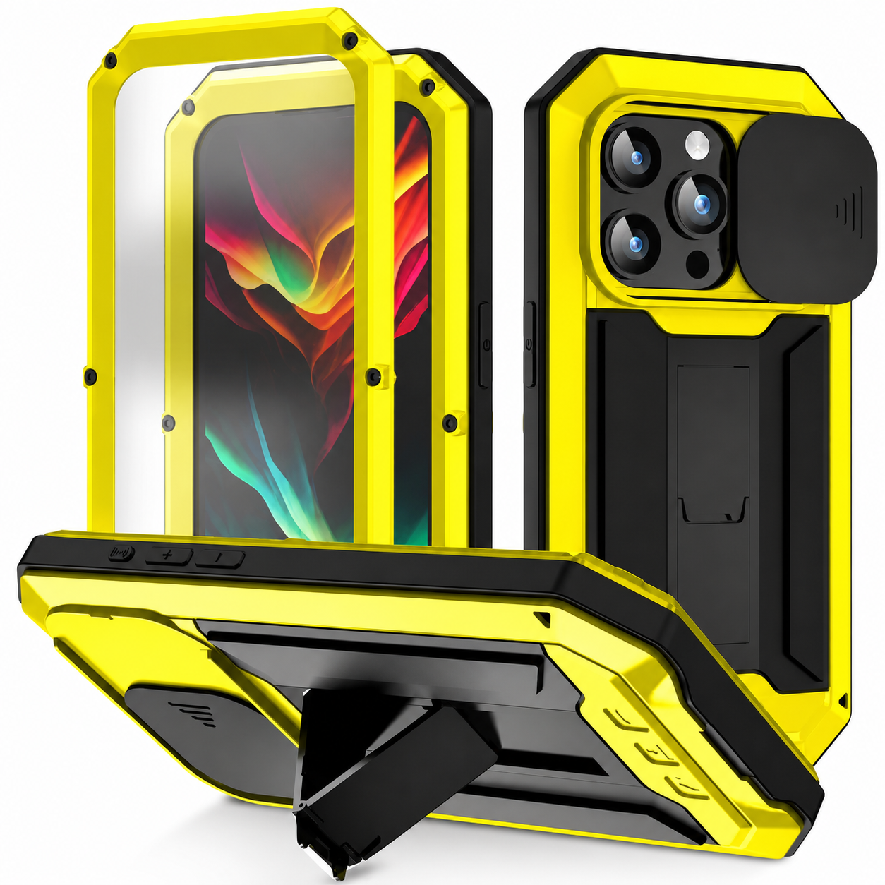 Premium iPhone Case Camera Lens Protection Shockproof Protective Cover Built In Screen Protection Heavy Duty Metal Armor Kickstand Design