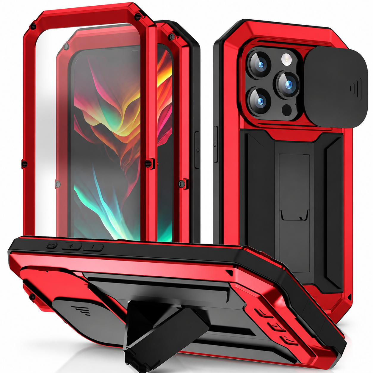 Premium iPhone Case Camera Lens Protection Shockproof Protective Cover Built In Screen Protection Heavy Duty Metal Armor Kickstand Design