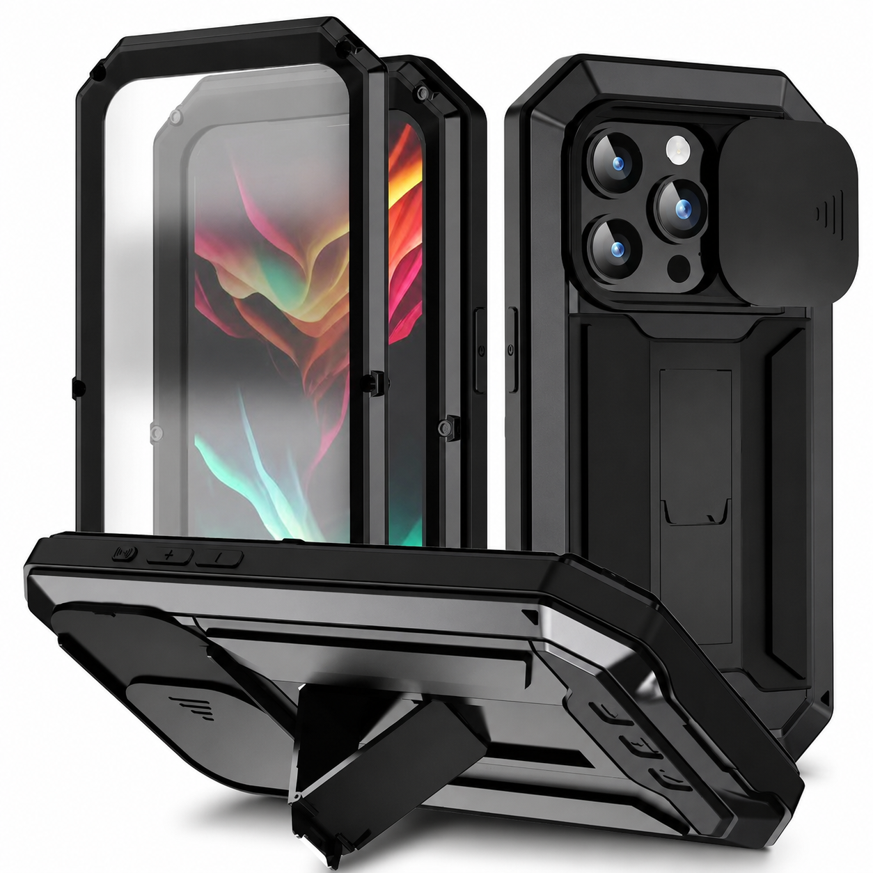 Premium iPhone Case Camera Lens Protection Shockproof Protective Cover Built In Screen Protection Heavy Duty Metal Armor Kickstand Design