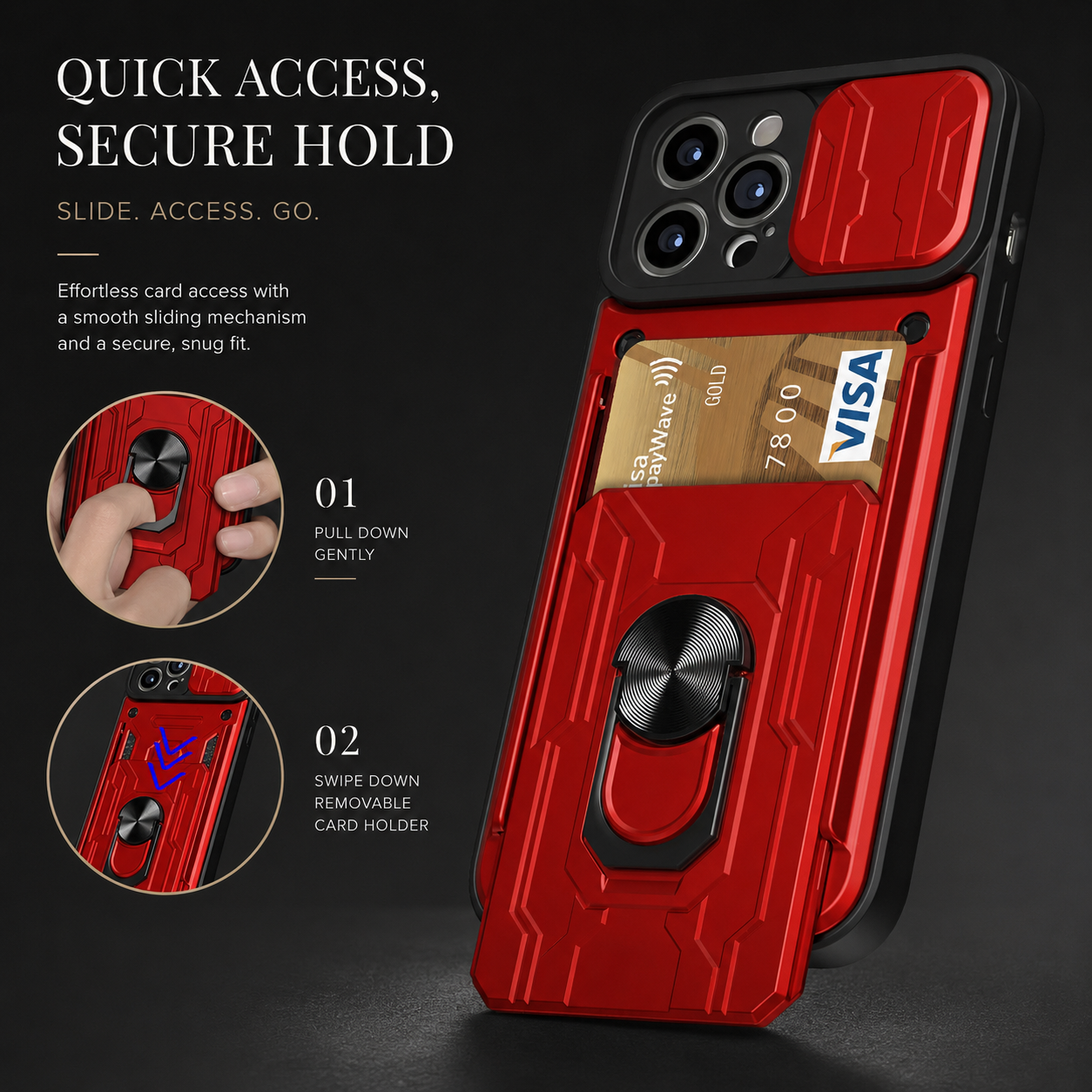 Premium iPhone Case Camera Lens Protection Shockproof Protective Cover Card Holder Ring Stand Magnetic Mount Dual Layer Armor Design