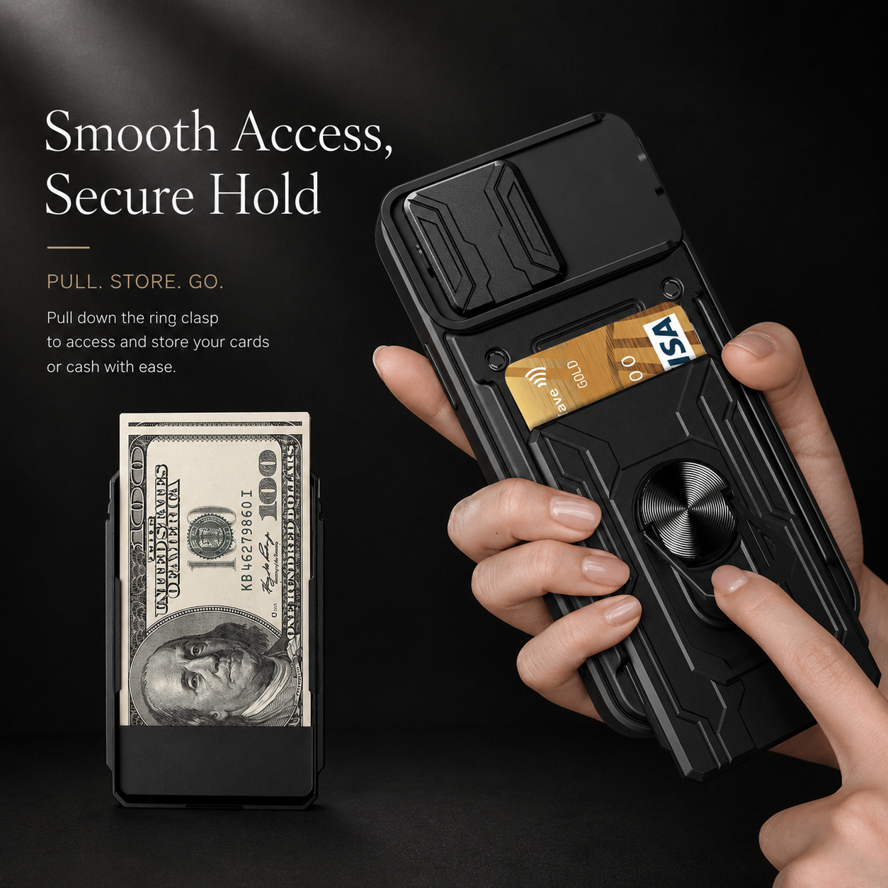 Premium iPhone Case Camera Lens Protection Shockproof Protective Cover Card Holder Ring Stand Magnetic Mount Dual Layer Armor Design
