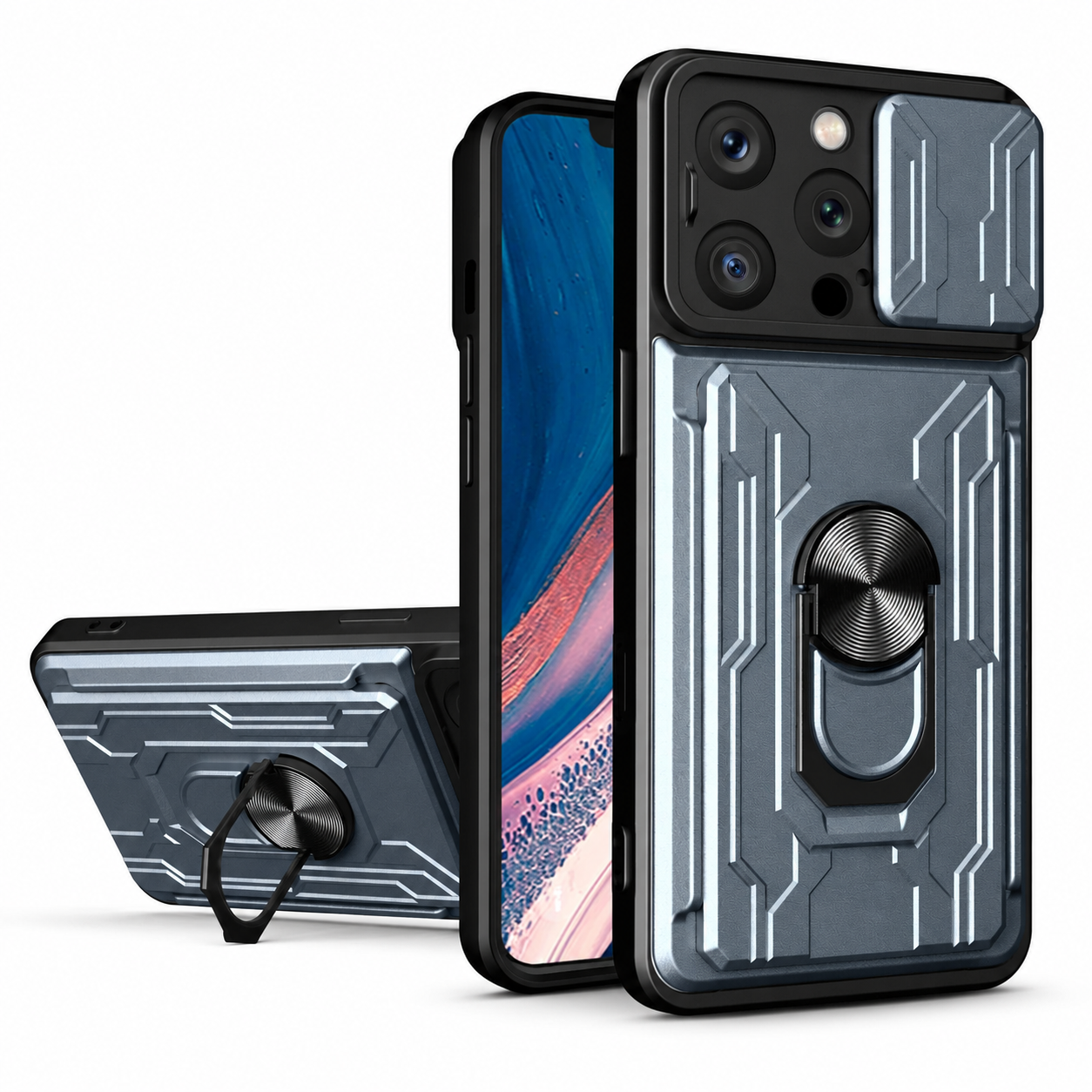 Premium iPhone Case Camera Lens Protection Shockproof Protective Cover Card Holder Ring Stand Magnetic Mount Dual Layer Armor Design