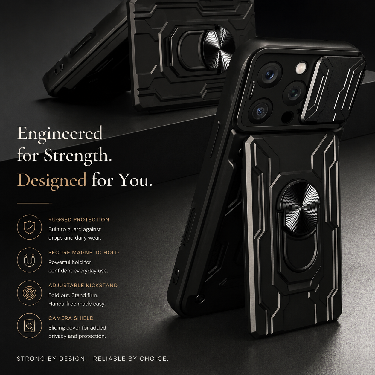 Premium iPhone Case Camera Lens Protection Shockproof Protective Cover Card Holder Ring Stand Magnetic Mount Dual Layer Armor Design
