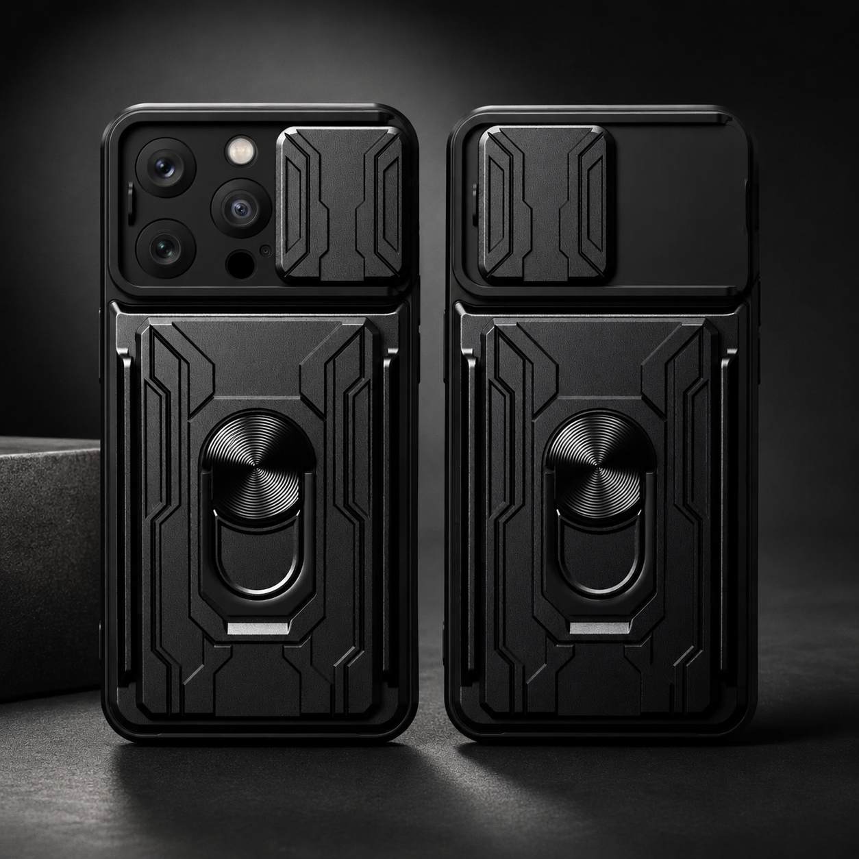 Premium iPhone Case Camera Lens Protection Shockproof Protective Cover Card Holder Ring Stand Magnetic Mount Dual Layer Armor Design