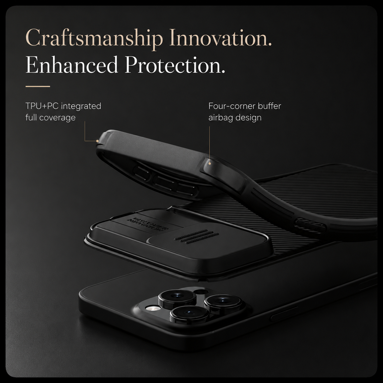 Premium iPhone Case Camera Lens Protection Shockproof Protective Cover Magnetic Back Sliding Camera Cover Rugged TPU PC Design